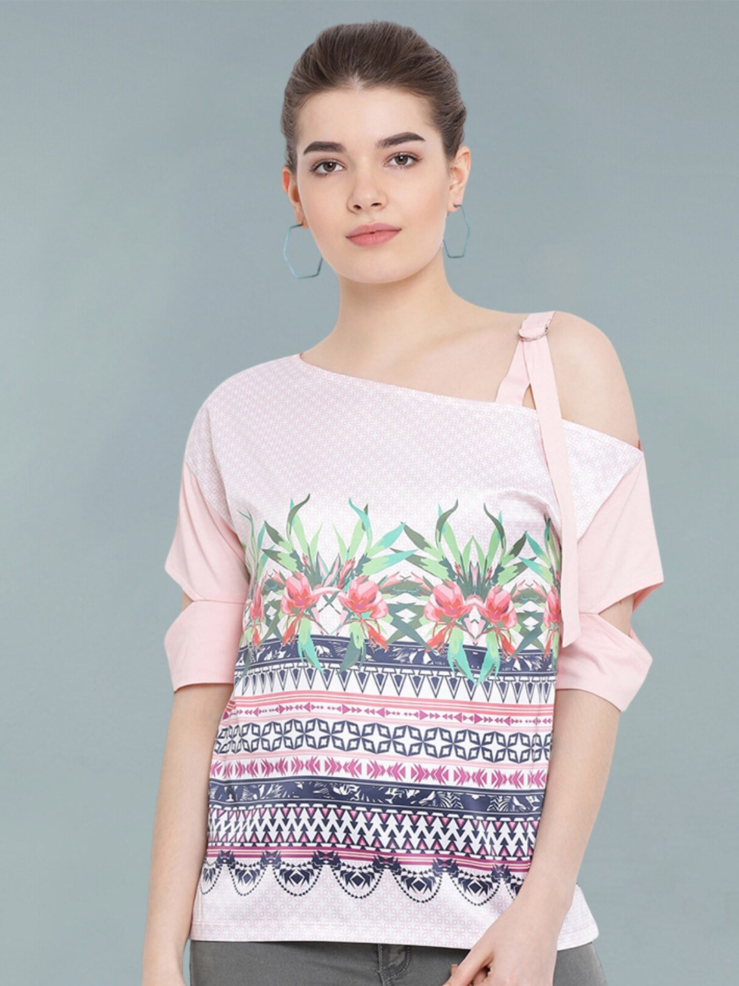 Moda Elementi Floral Print One Shoulder Cold-Shoulder Top