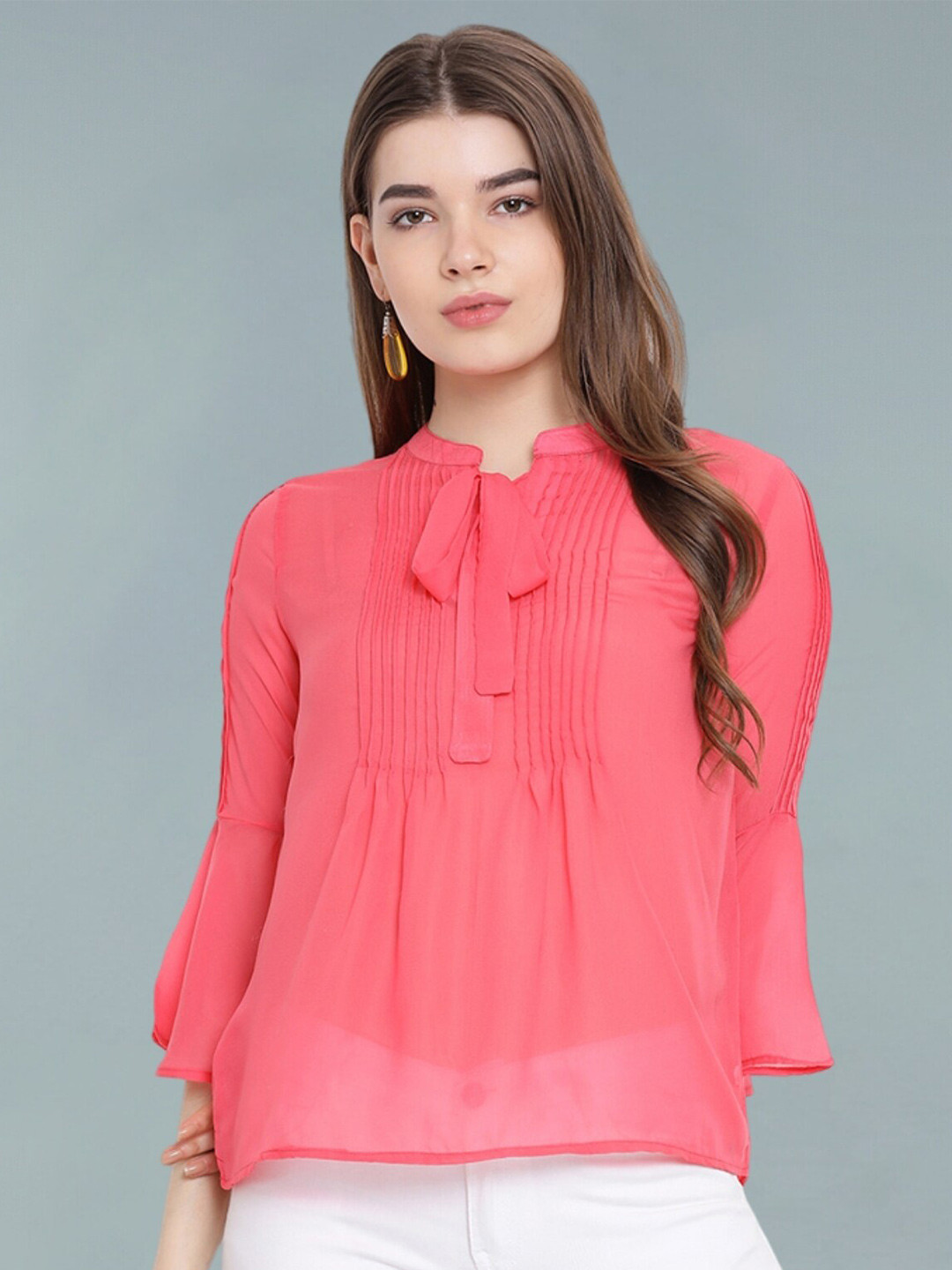Moda Elementi Tie-Up Neck Bell Sleeve Sheer Top