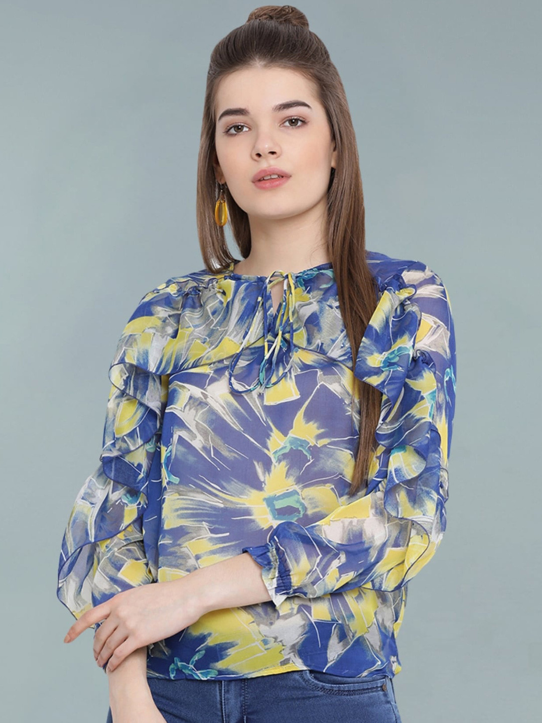 Moda Elementi Print Tie-Up Neck Bell Sleeve Sheer Top