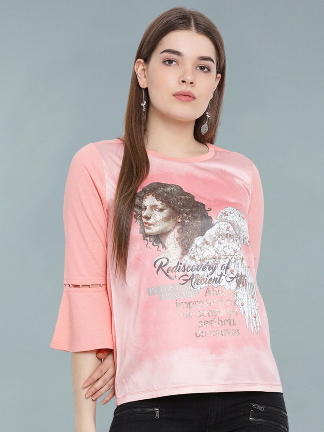 Moda Elementi Print Bell Sleeve Sheer Top