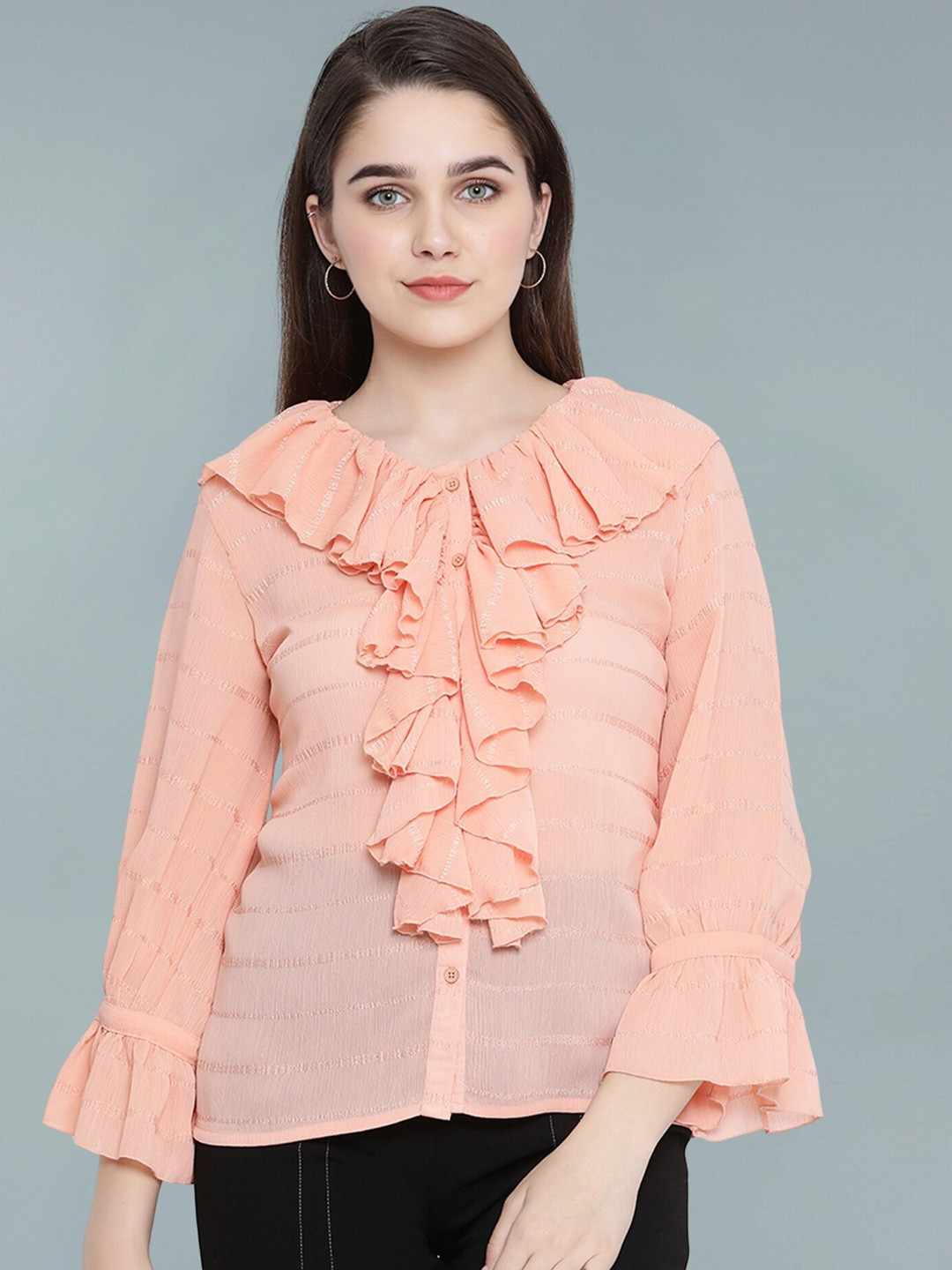 Moda Elementi Striped Bell Sleeve Sheer Top