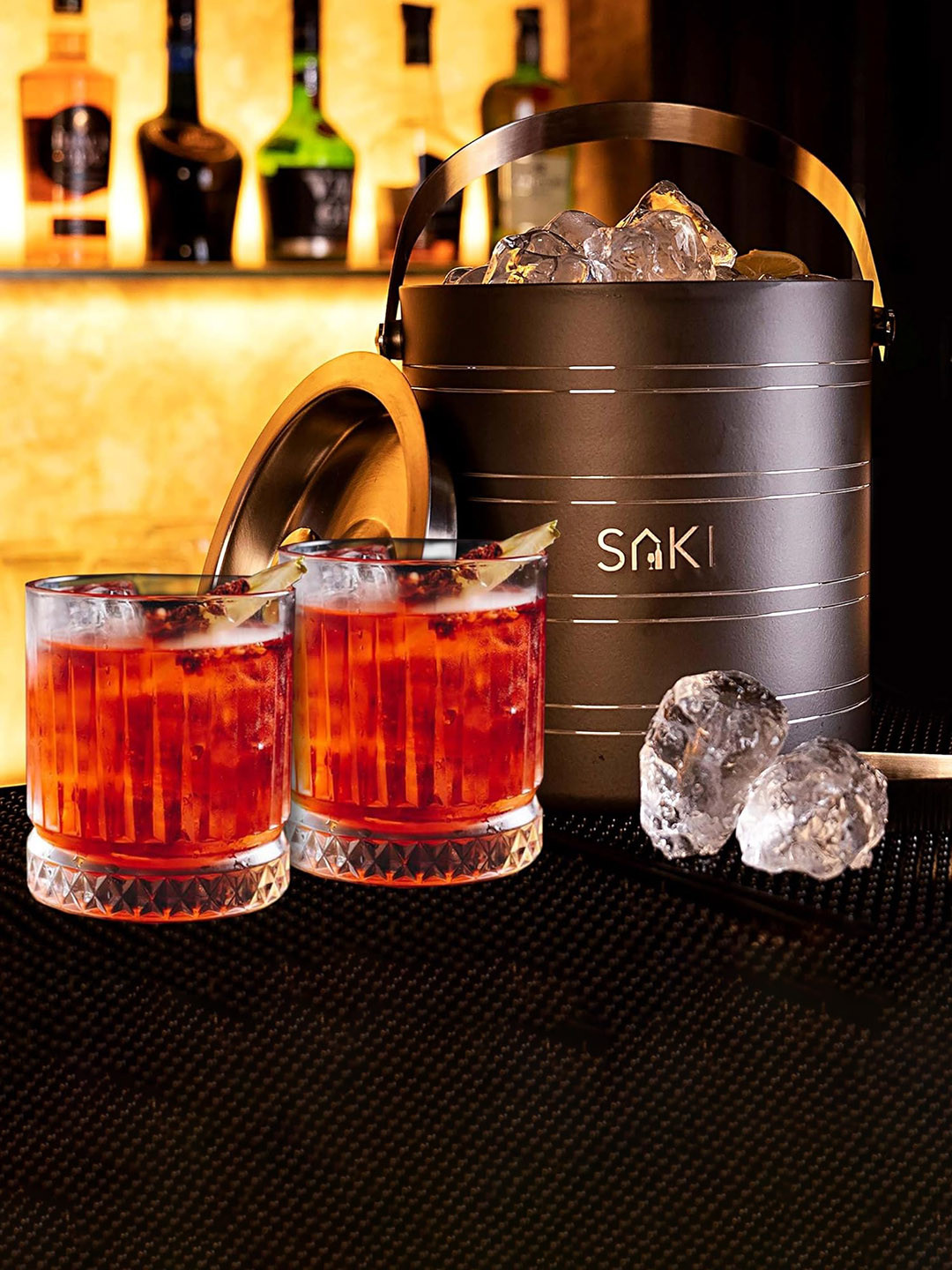 SAKI Transparent & Grey 2 Pieces Stainless Steel Ice Bucket With Glasses 1.5 L