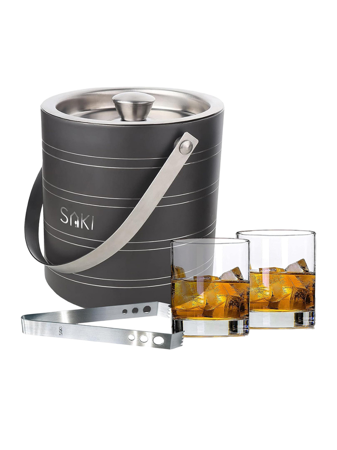 SAKI Grey 2 Pieces Stainless Steel Ice Bucket & Whiskey Glassses