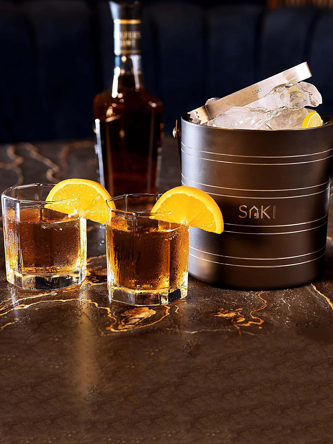 SAKI Black & Transparent 3 Pieces Stainless Steel Ice Bucket With Glasses 1.5 L
