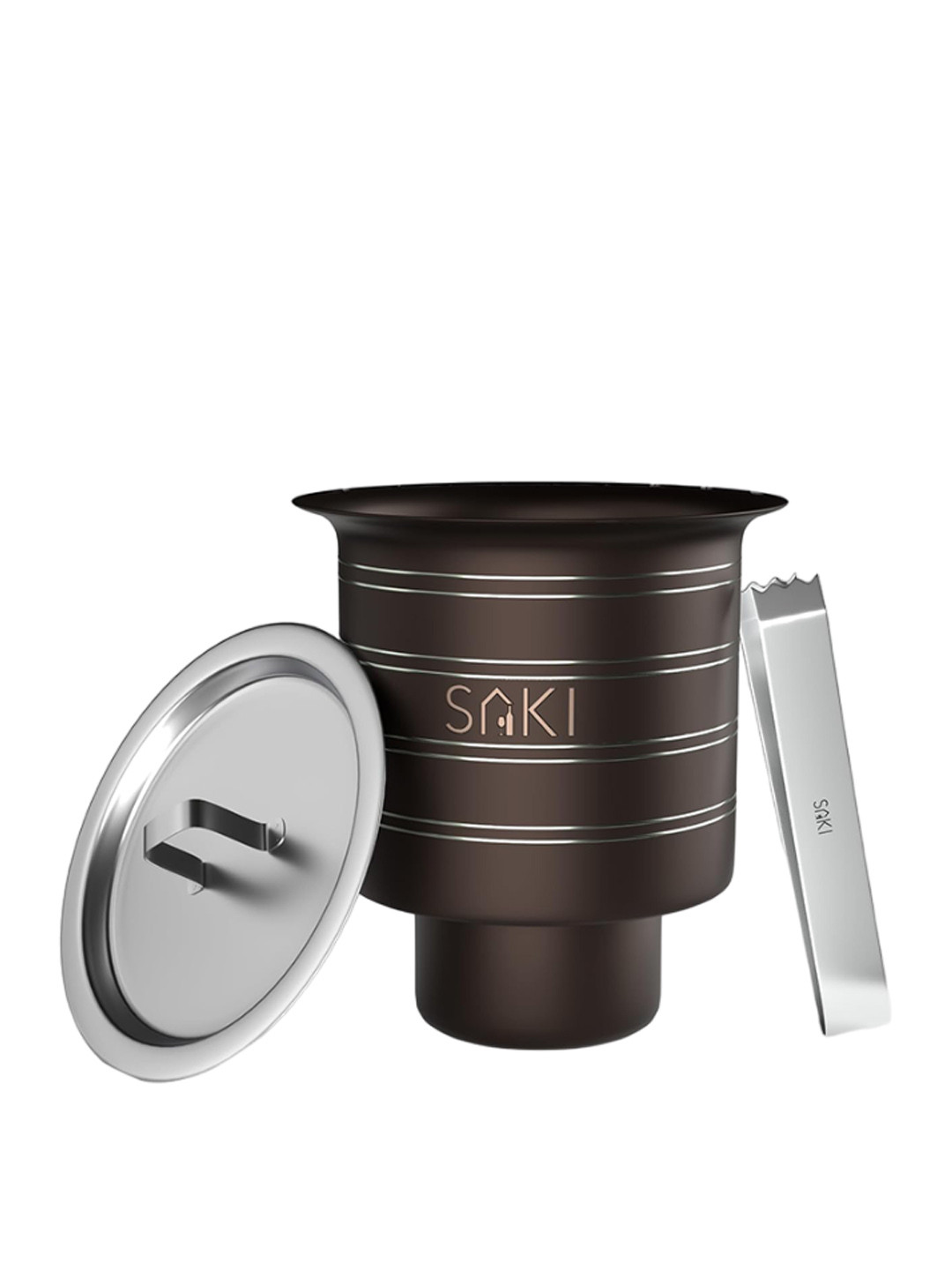 SAKI Black Stainless Steel Ice Bucket With Tong & Gun Metal Ring 1 L