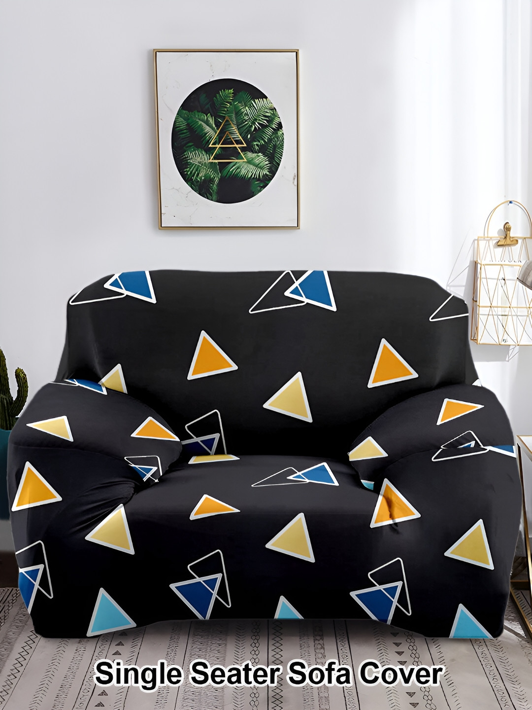 Aura Black & Orange Printed Polyester 1 Piece Sofa Cover With Arms