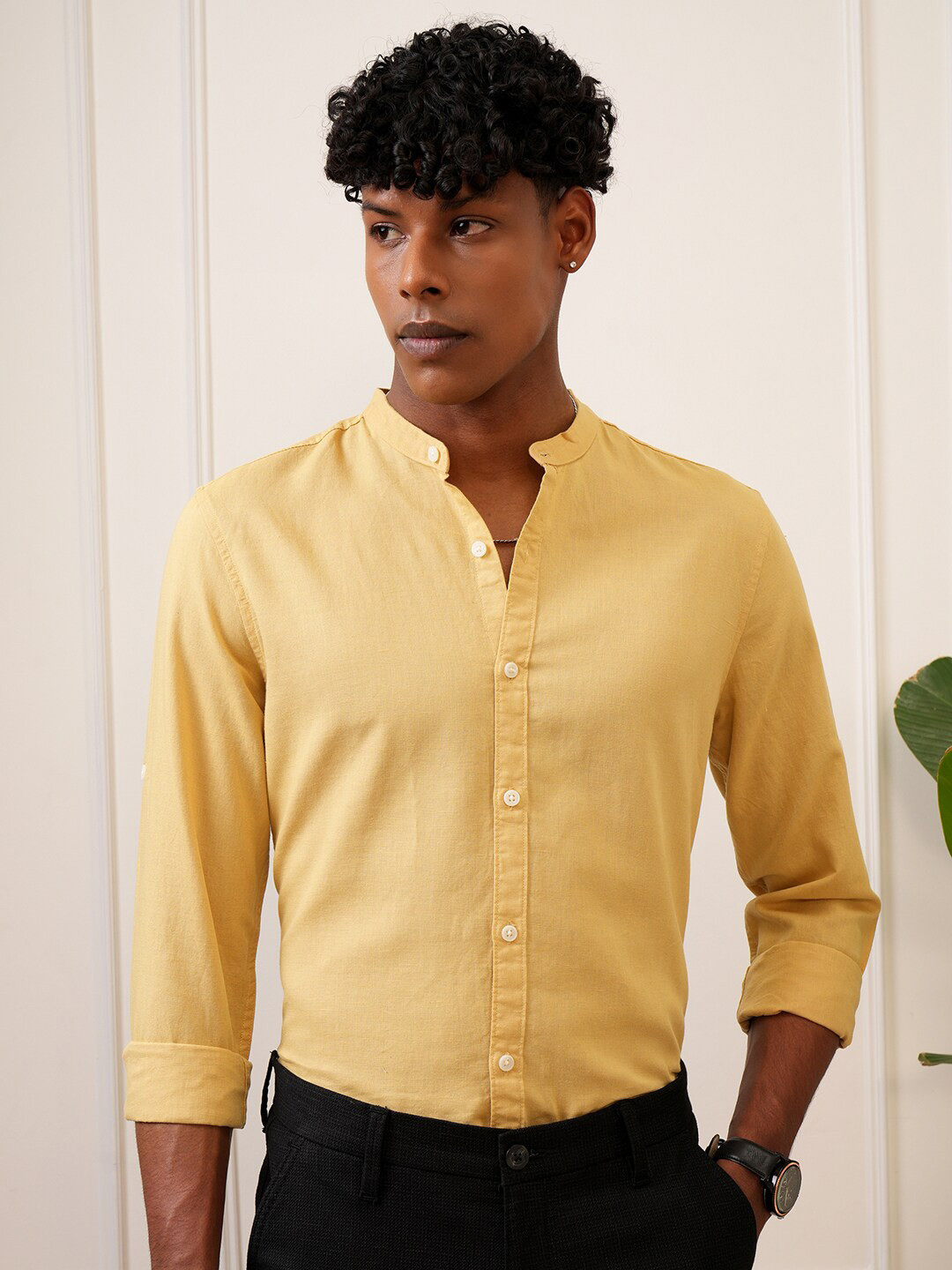 Locomotive Men Cotton Linen Solid Mandarine Collar Roll-Up Sleeve Casual Shirt