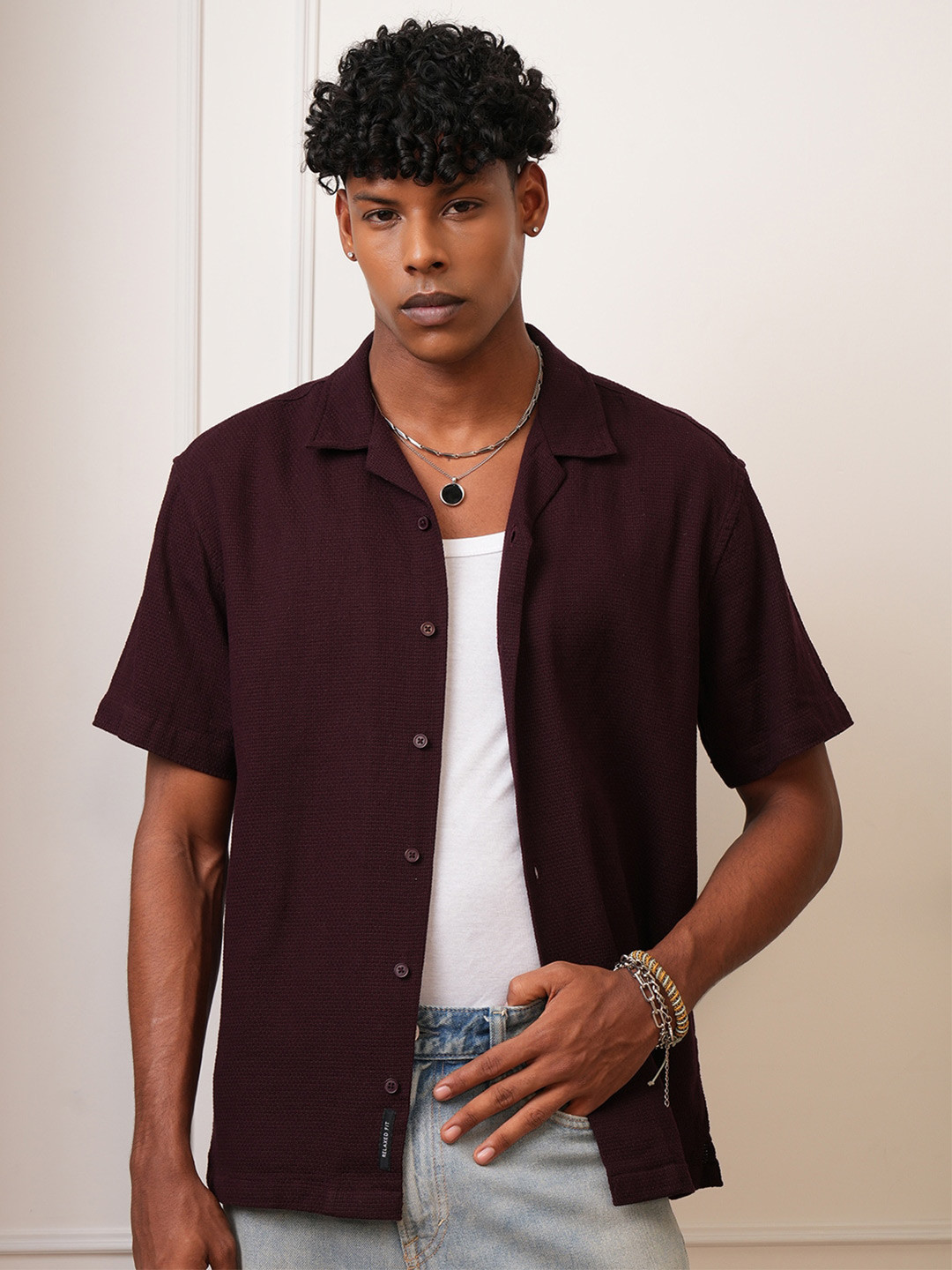 LOCOMOTIVE Men Premium Burgundy Mocklino Textured Cuban Collar Relaxed Shirt