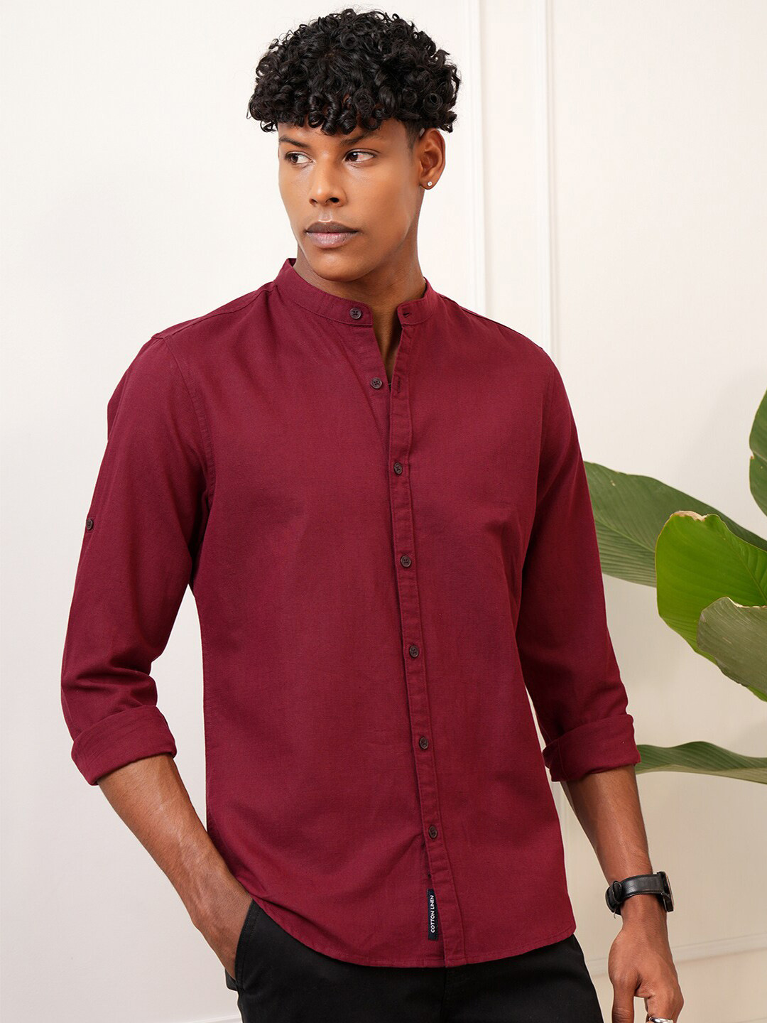 LOCOMOTIVE Men Premium Cotton Linen Solid Mandarine Collar Roll-Up Sleeve Casual Shirt