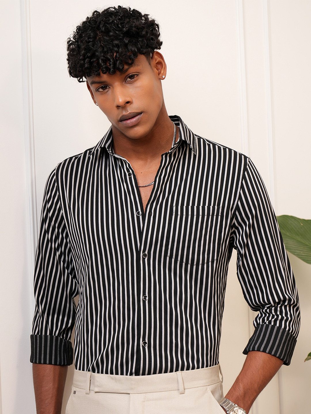 LOCOMOTIVE Men Premium Dobby Textured Striped Party Evening Shirt