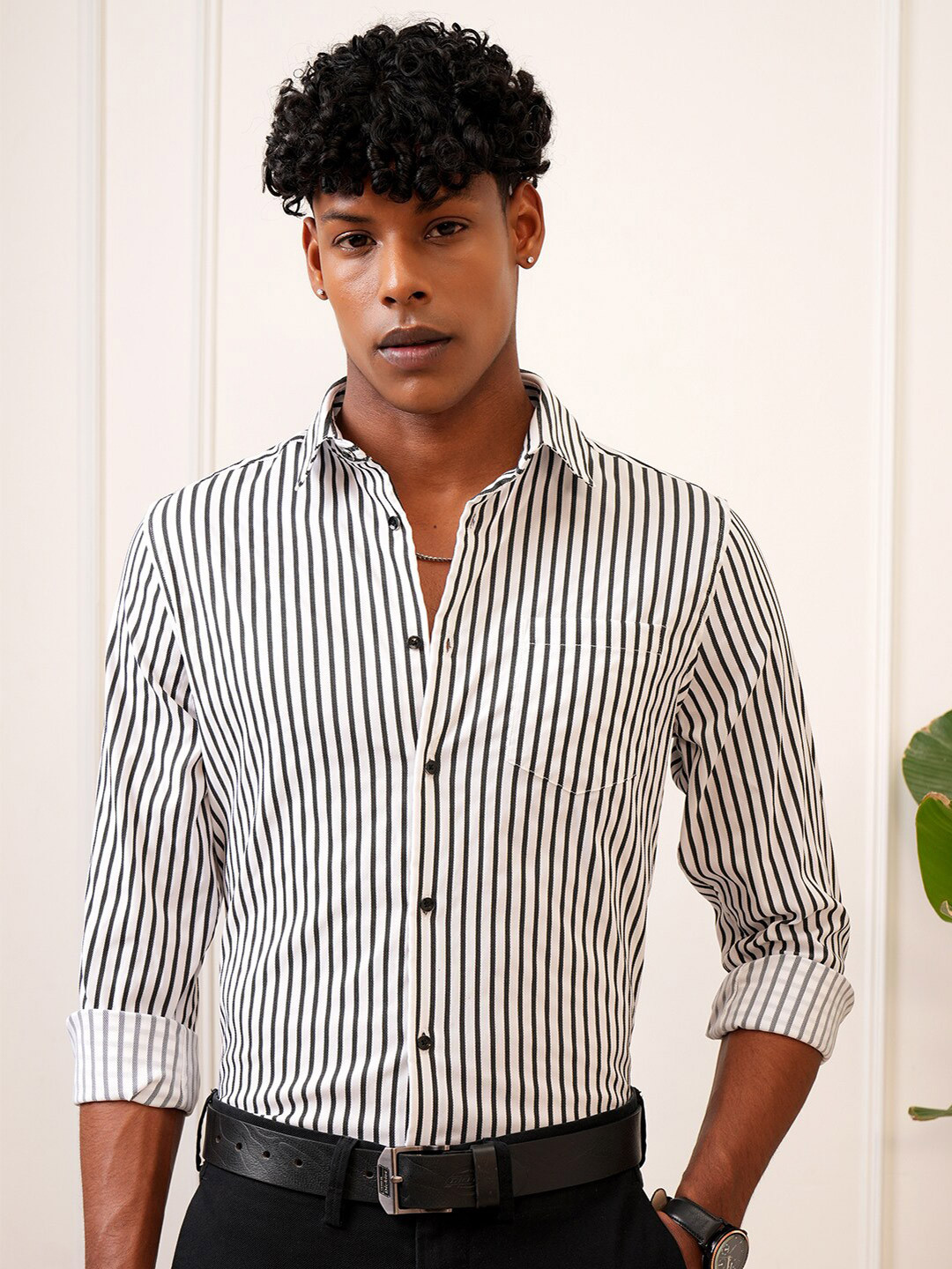 LOCOMOTIVE Men Premium Dobby Textured Striped Party Evening Shirt