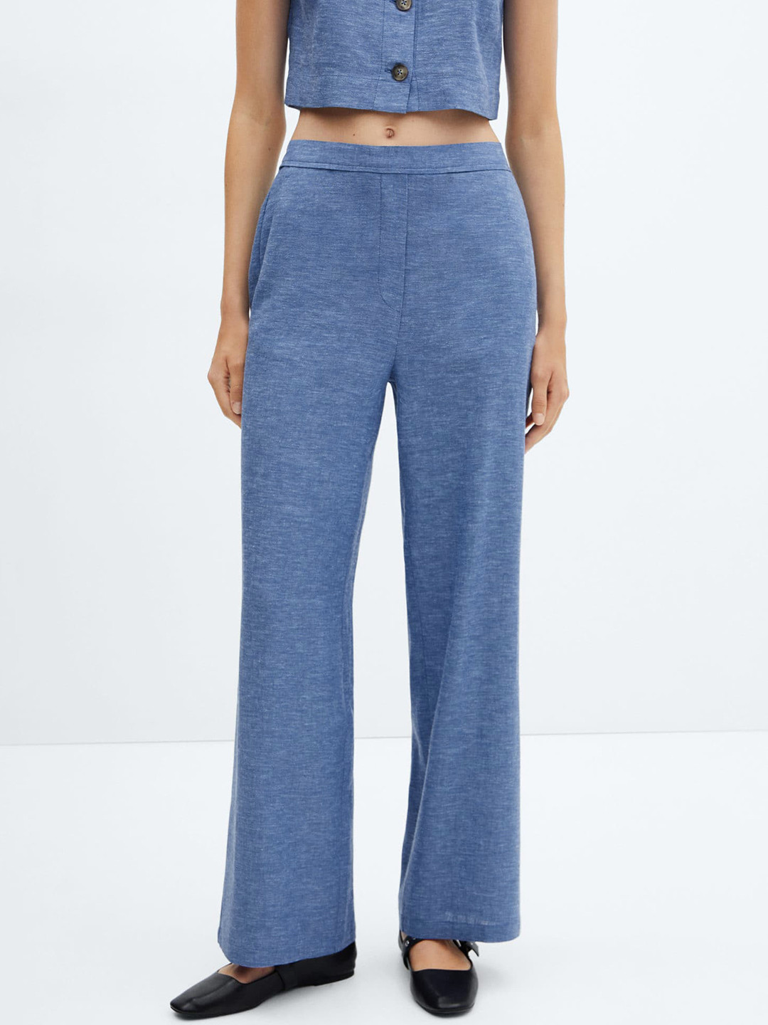 MANGO Women Linen- Blend Elastic Waist Trousers
