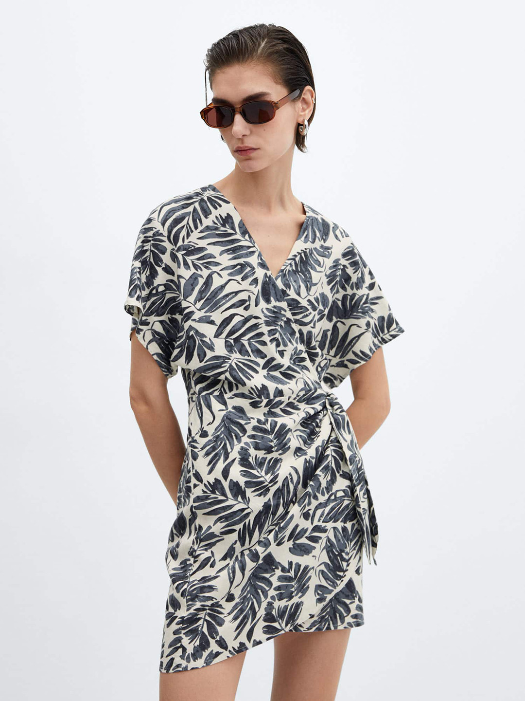 MANGO Tropical Print Linen Blend Wrap Mini Dress