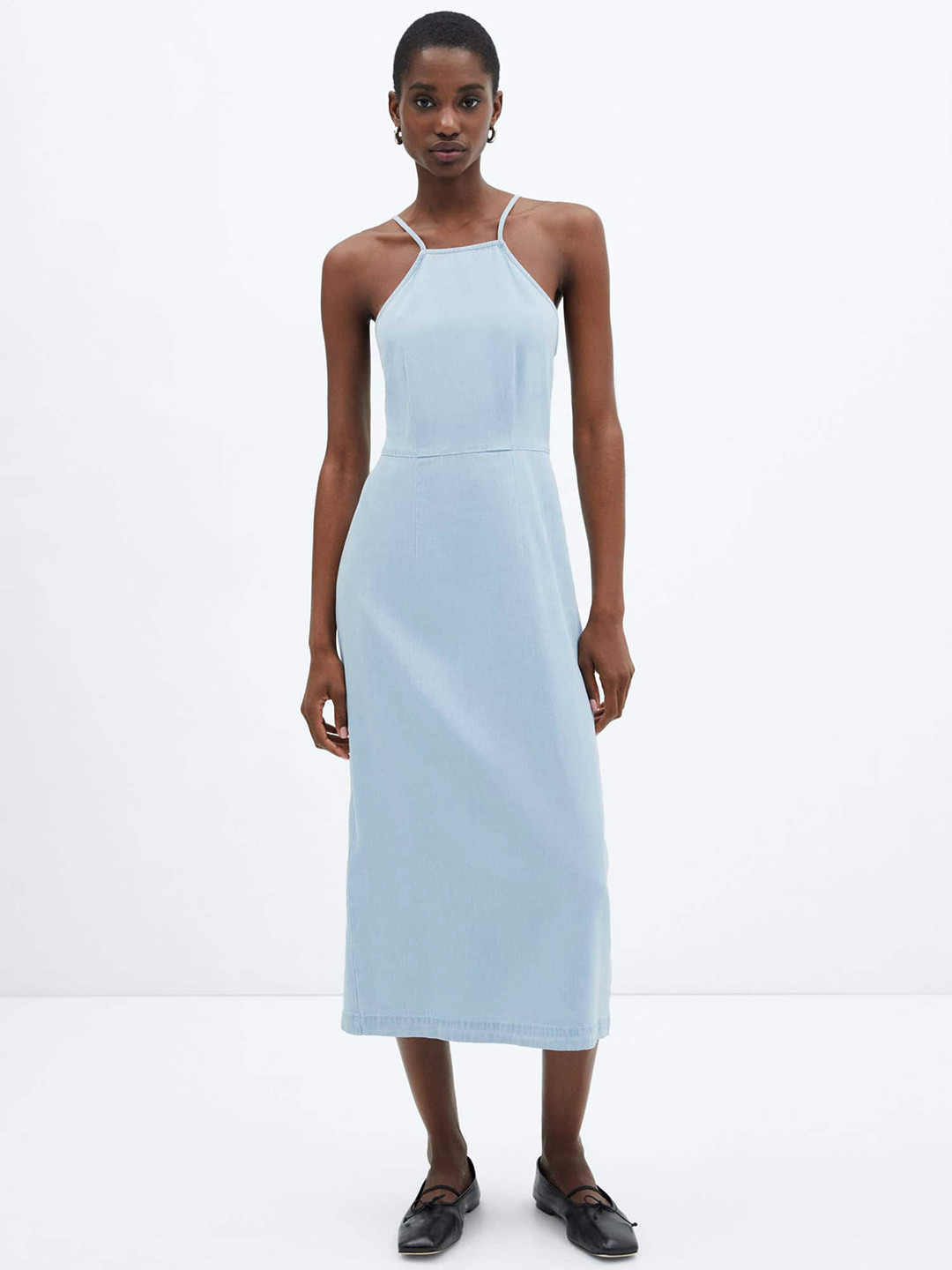 MANGO Pure Cotton Denim Back Slit Sheath Midi Dress