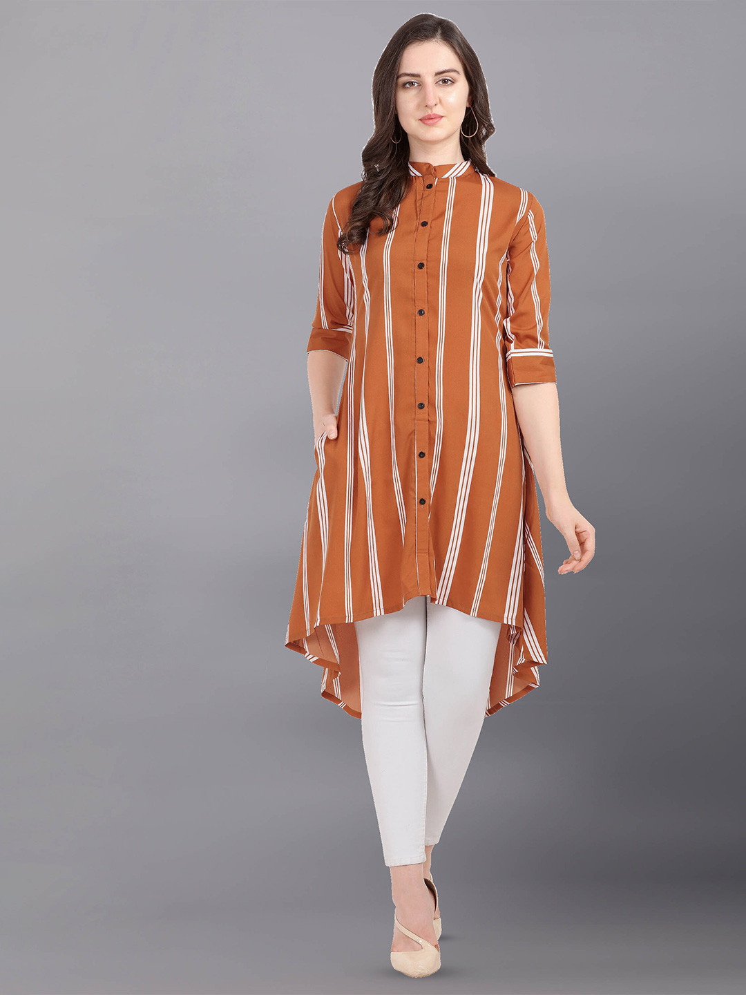 Fashfun Striped Mandarin Collar Puff Sleeve Crepe Shirt Style Longline Top
