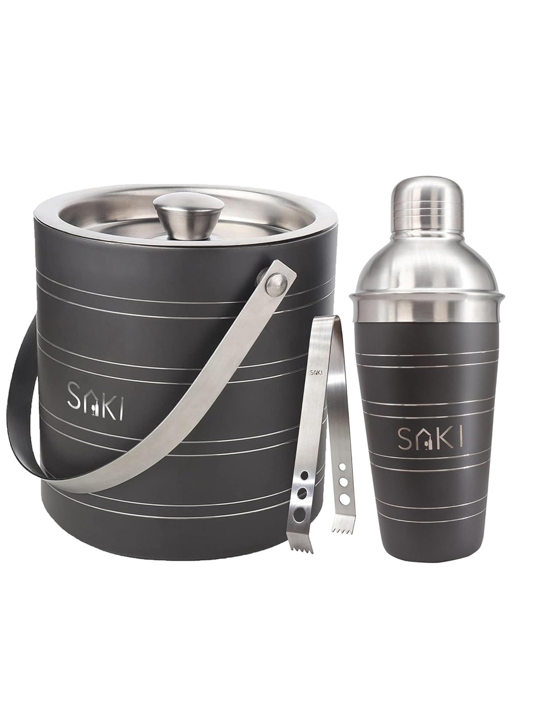 SAKI Grey & Silver toned 2 Pcs Double Wall Ice Bucket & Cocktail Shaker