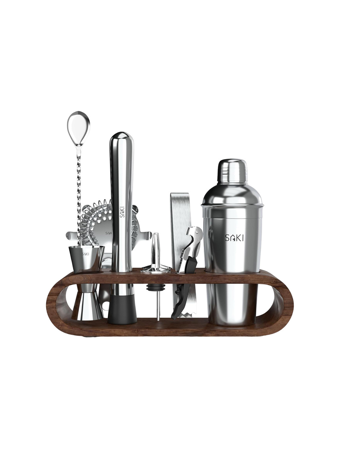 SAKI Silver toned 10 Pcs Cocktail Shaker Bartender Kit