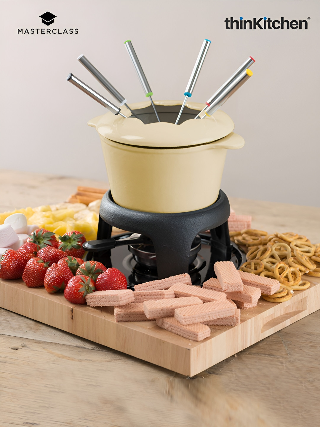 MasterClass Enamelled Cream & Black 7 Pieces Fondue Set