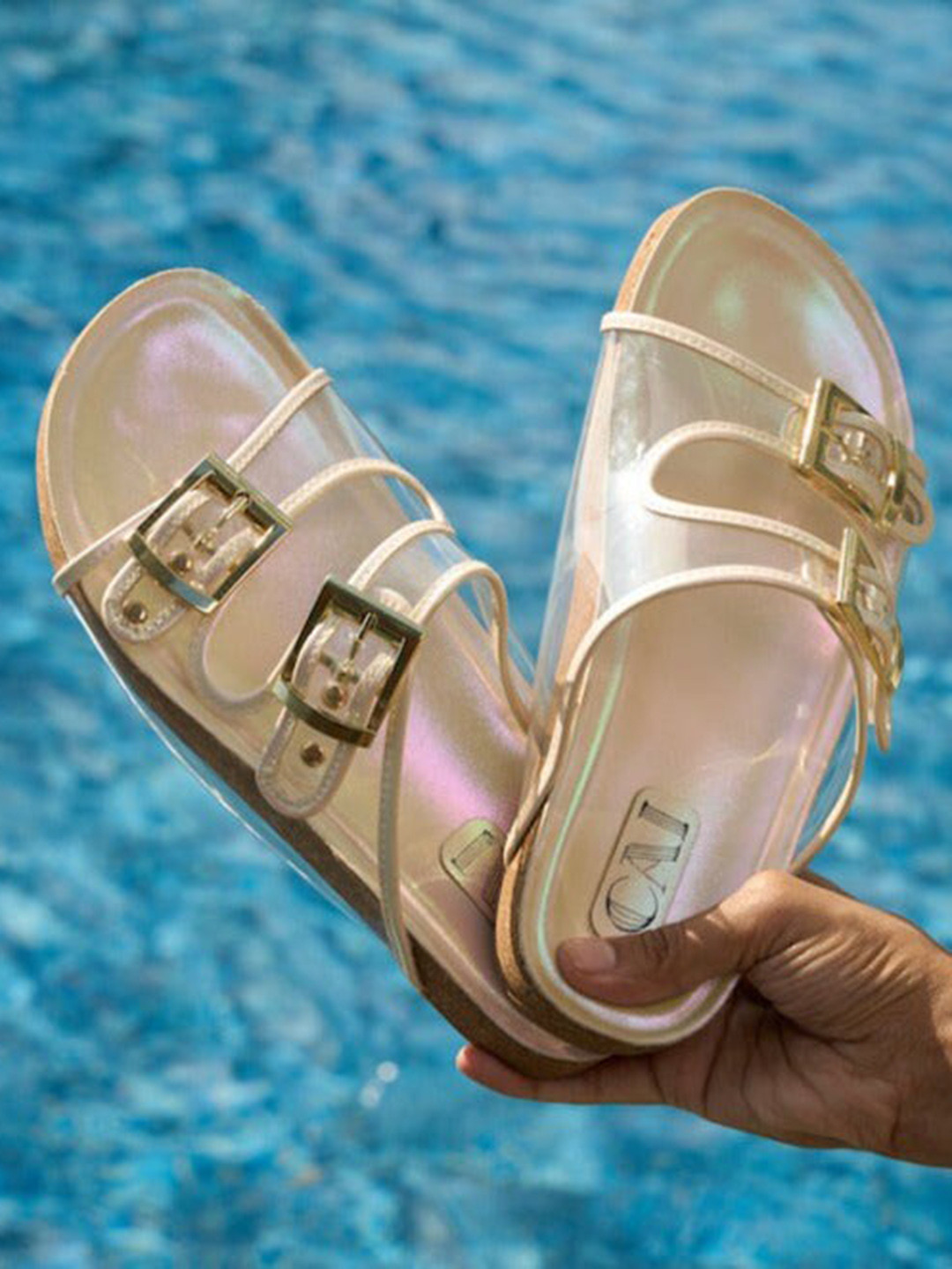 CAI Women Textured Open Toe Irridescent Sliders