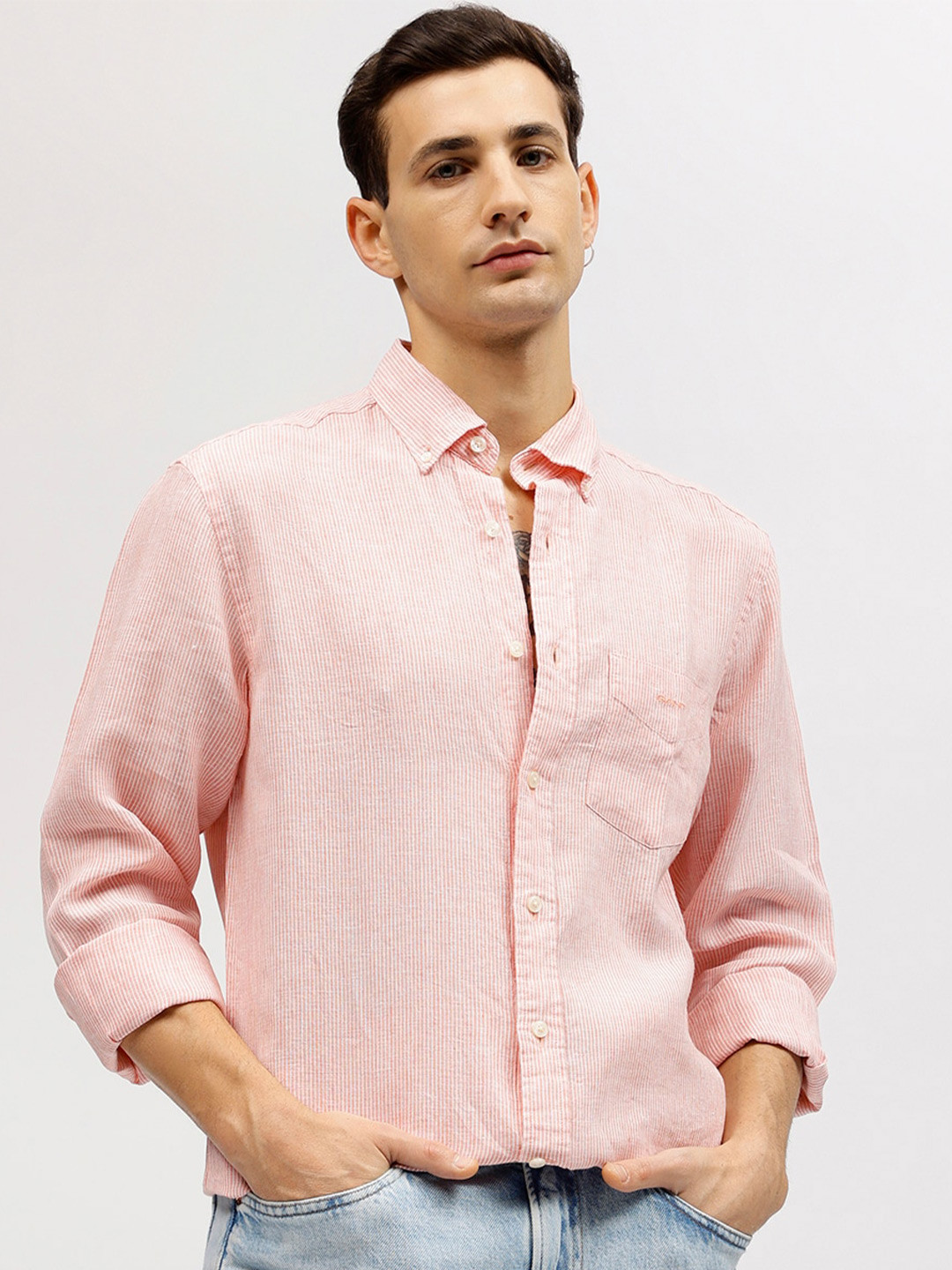 GANT Striped Button Down Linen Regular Fit Shirt