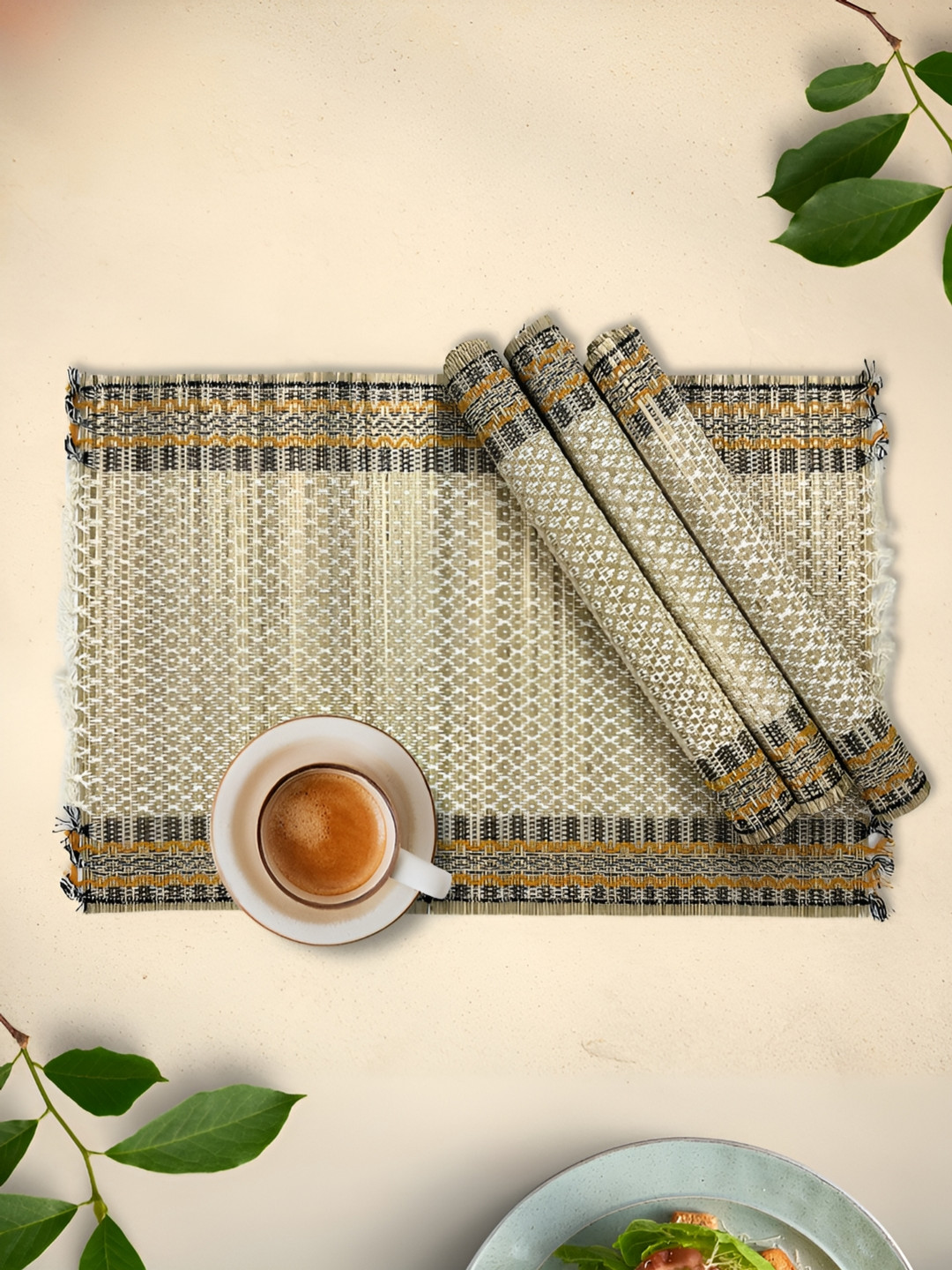 Peepul Tree 4Pcs Beige Self-Design Dining Table Mats