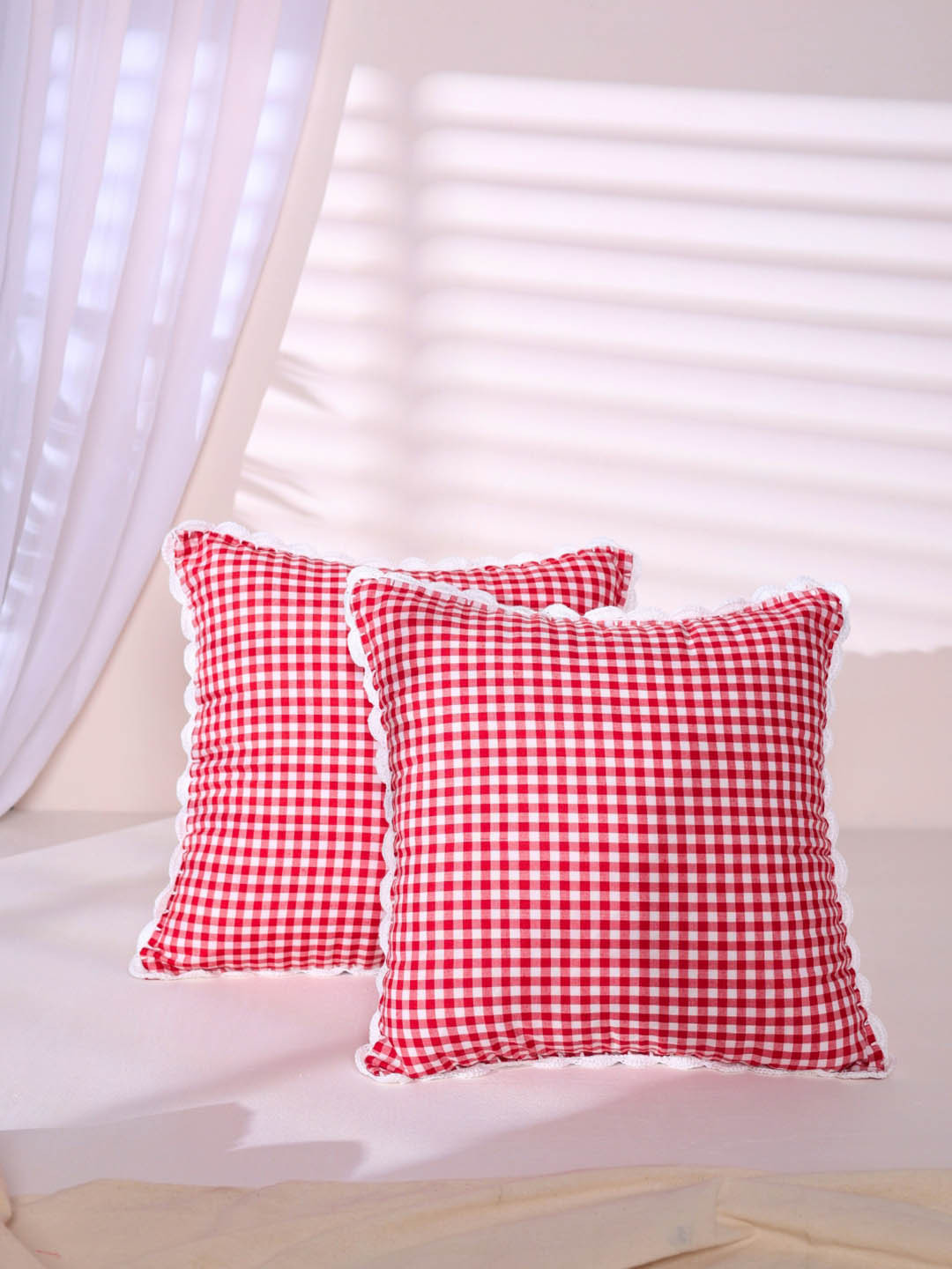 SLEEPY THREADS Red Checked Cotton Breathable 2 Piece Square Cushion Covers -16x16In
