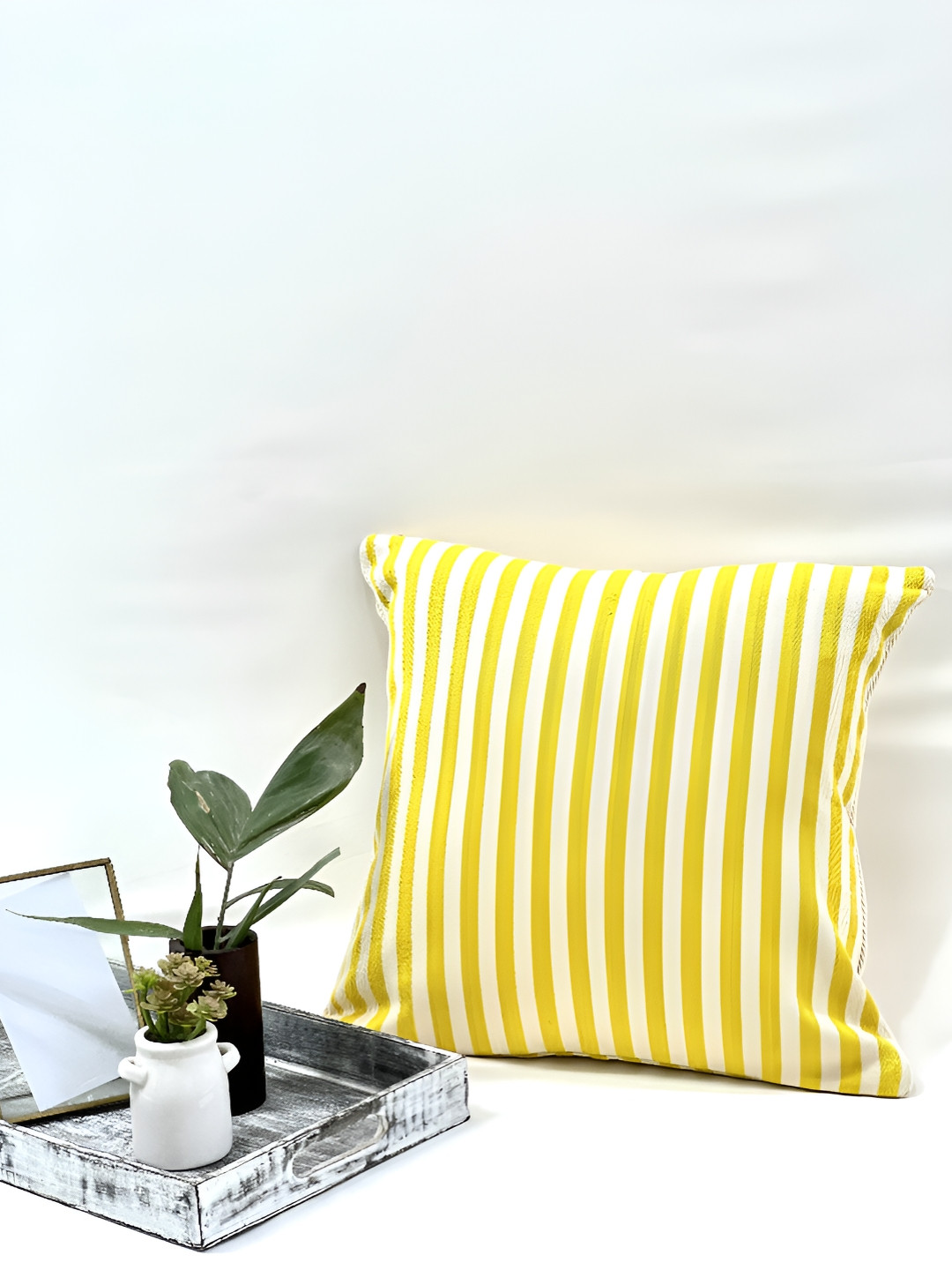 SLEEPY THREADS Yellow & White Set of 2 Striped Square Cushion Covers