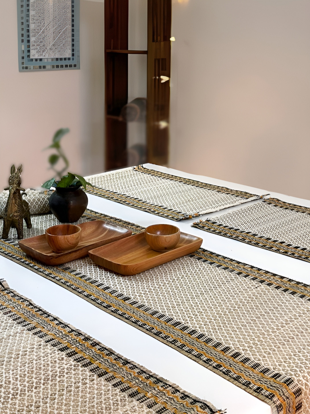 Peepul Tree 4-Pcs Beige & Brown Woven Table Mats with Table Runner