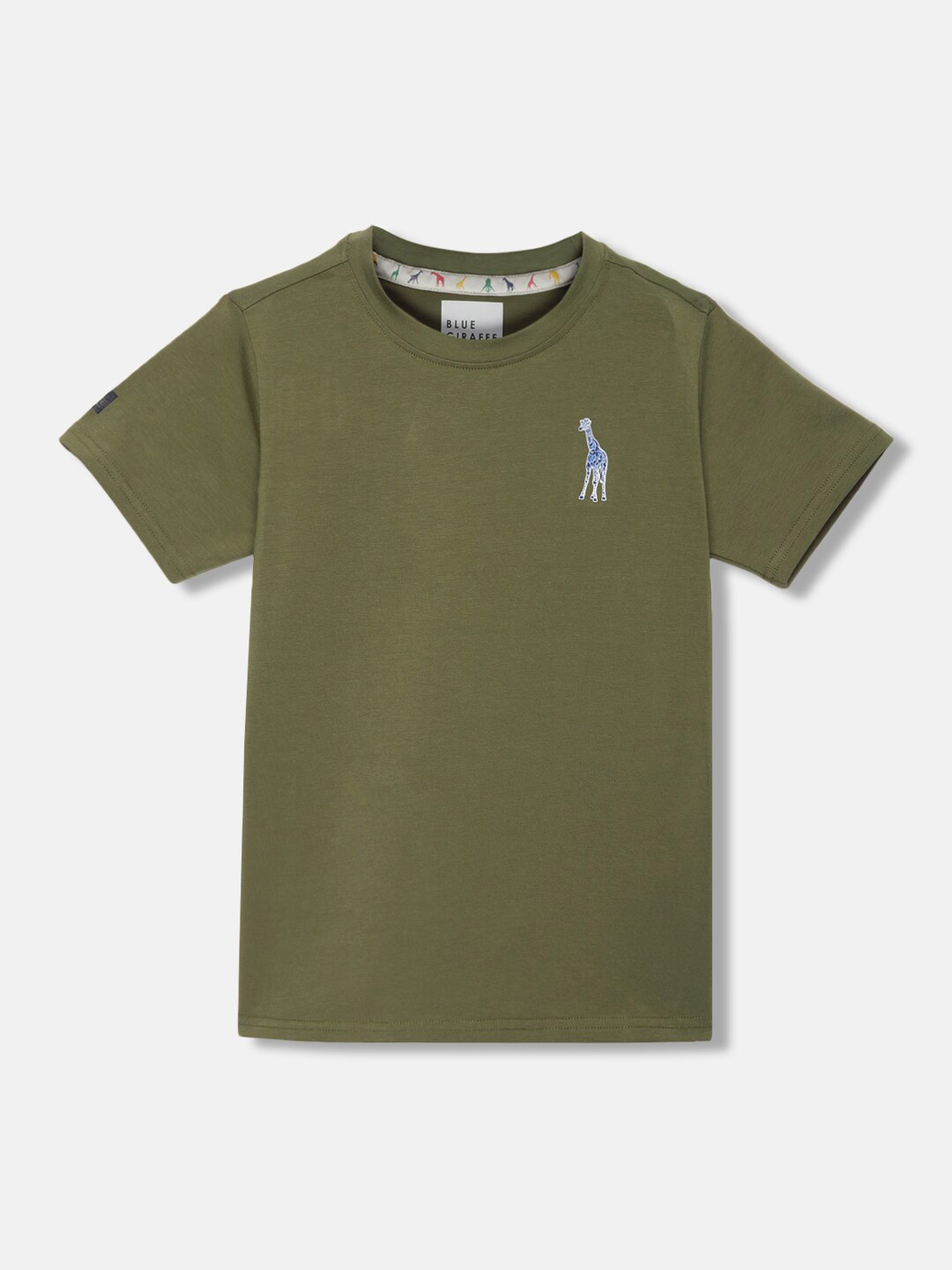Giraffe Boys Olive Solid Round Neck T-shirt