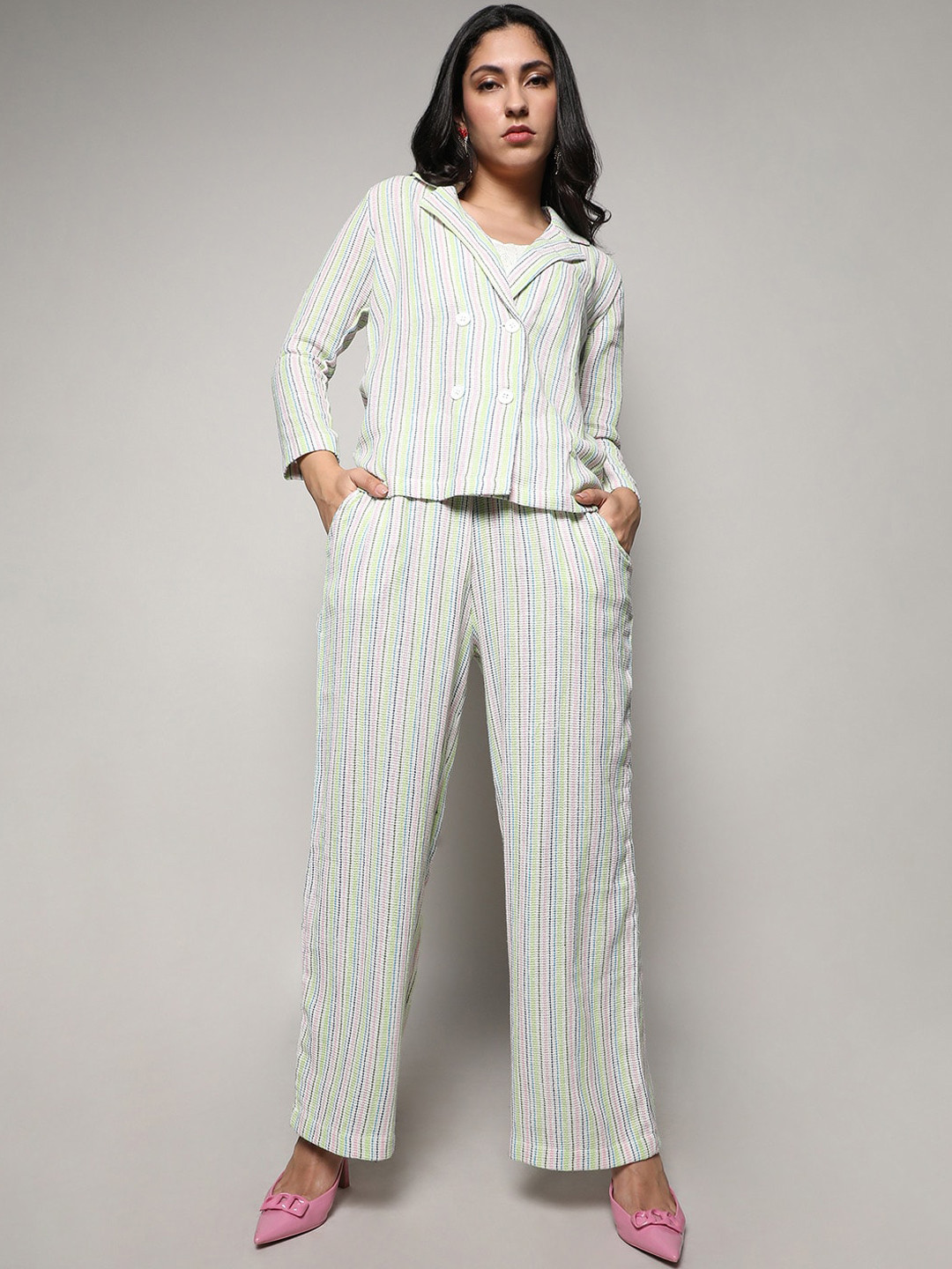 Campus Sutra Striped Double Breasted Blazer With Trousers Co-Ords
