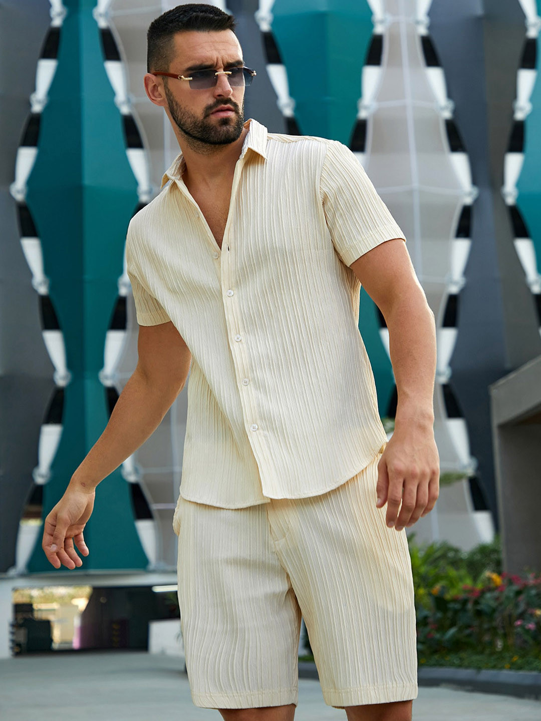 Campus Sutra Self-Design Shirt & Shorts Co-Ord
