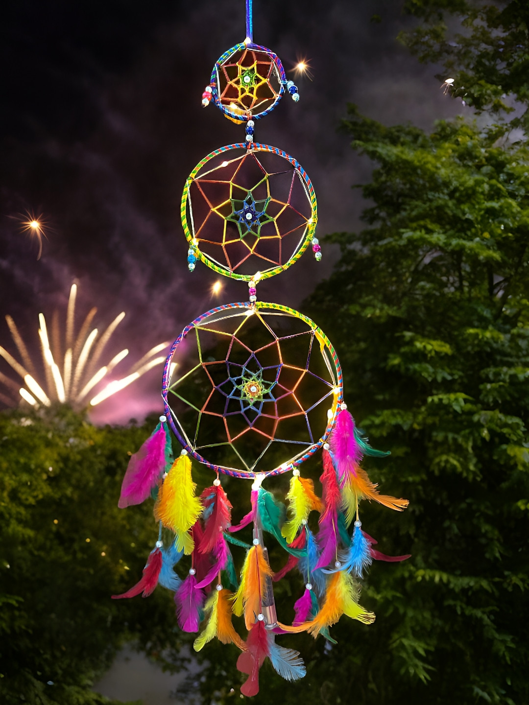 BS AMOR Pink & Blue Wall Hanging Dream Catcher With Feathers & Led Lights