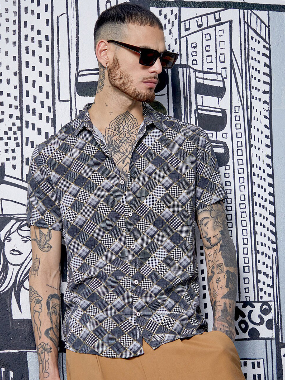 Campus Sutra Herringbone Plaid Block Shirt