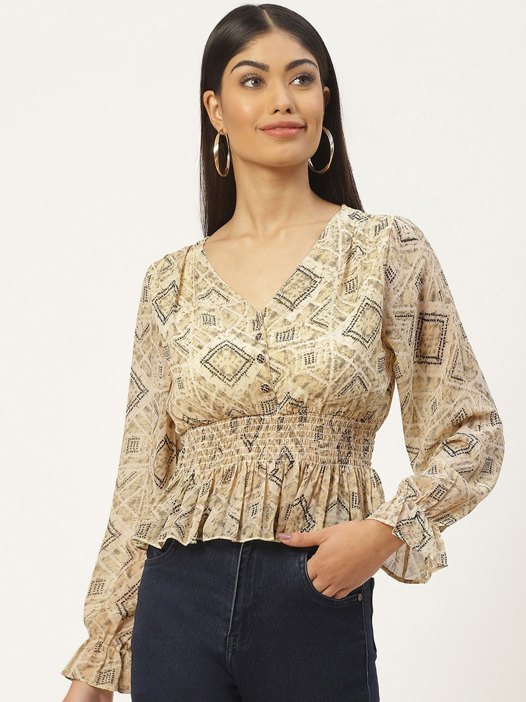 Slenor Animal Print Puff Sleeve Smocked Georgette Cinched Waist Top
