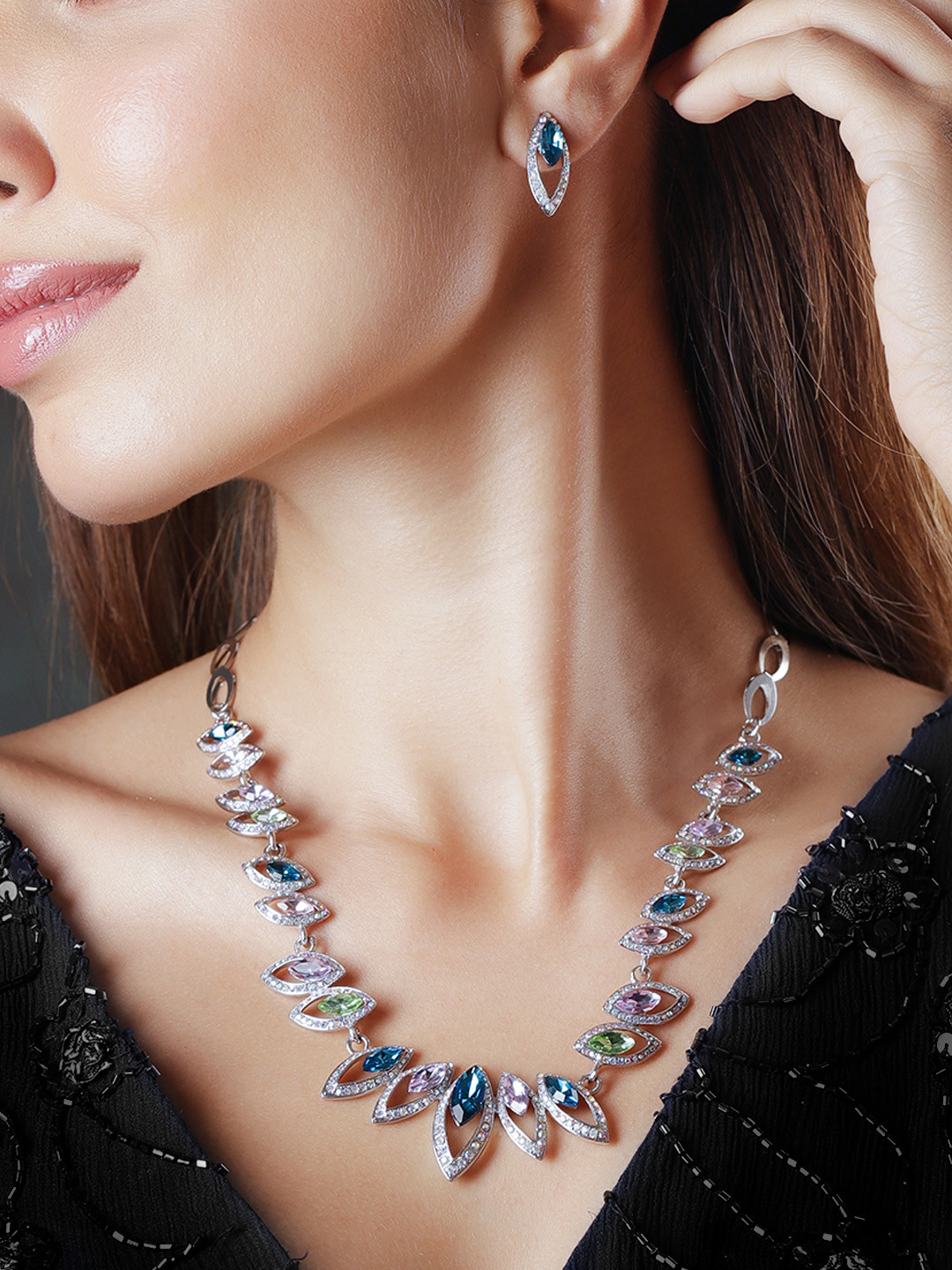 Rubans Rhodium-Plated Royal Multihued Rhinestone Embellished Queen's Necklace set