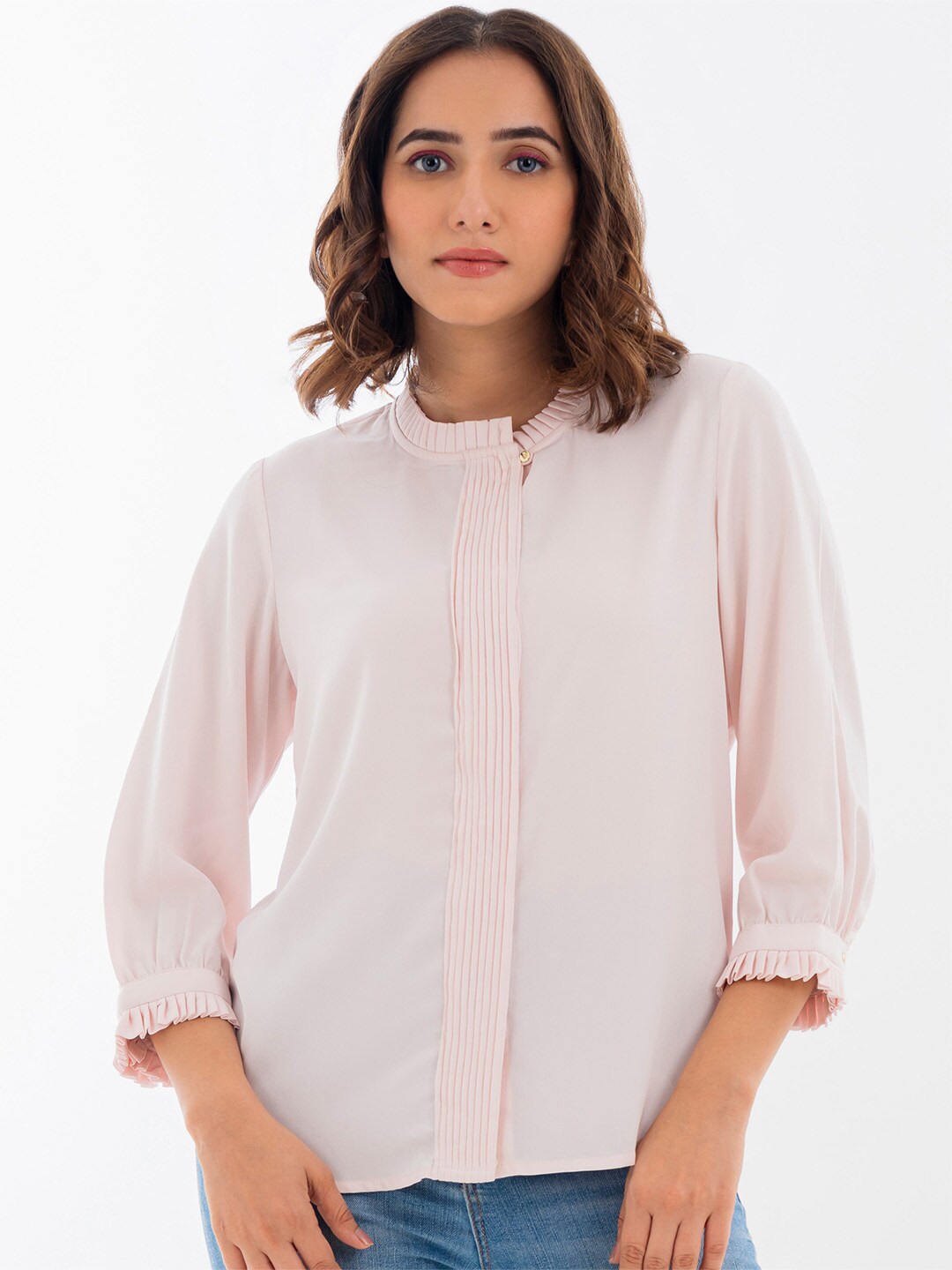 Halff Grey Mandarin Collar Elegant Pintuck Top