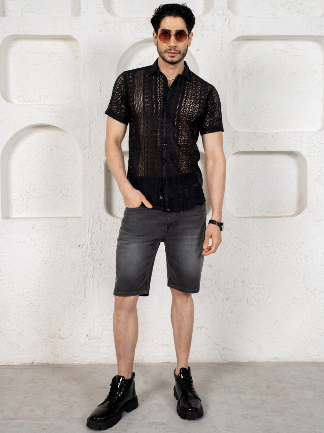 Firangi Yarn Standard Textured Semi Sheer Crochet Knit Organic Cotton Party Shirt