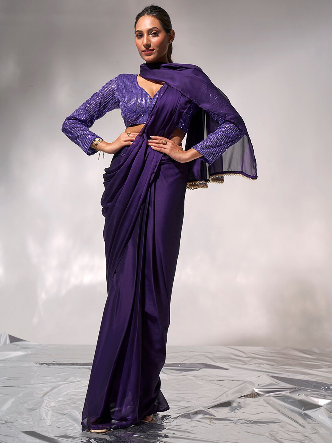 modeva Beads and Stones Pure Chiffon Ready to Wear Saree