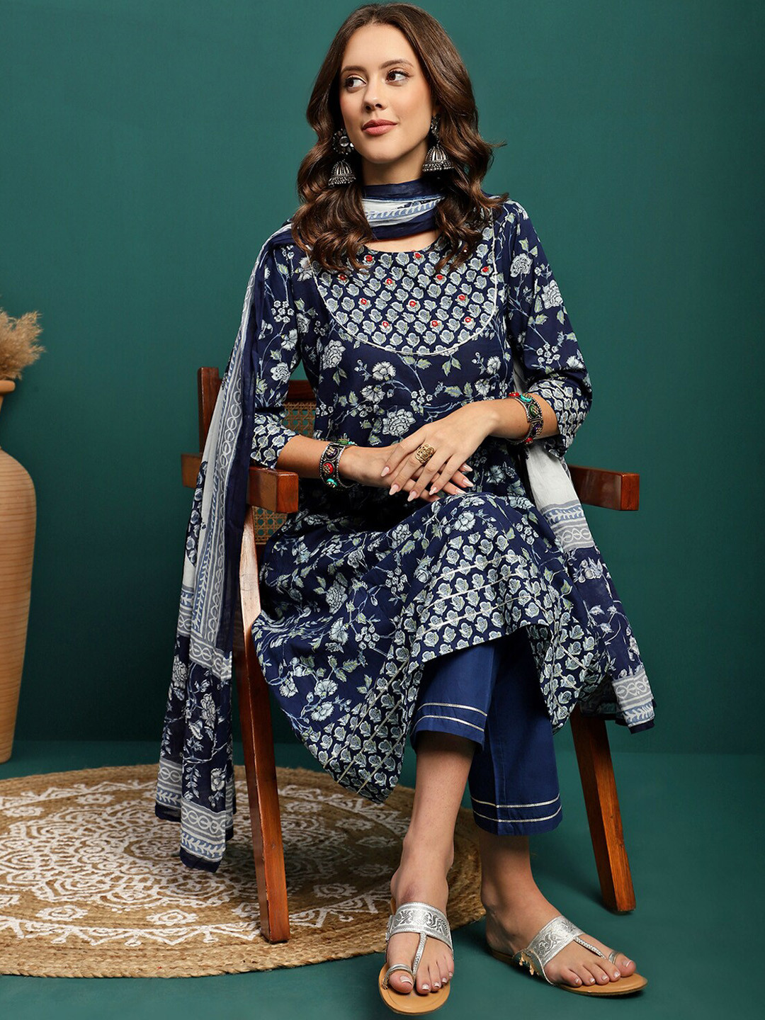 Sangria Printed Pure Cotton Anarkali Kurta With Trouser & Dupatta Set