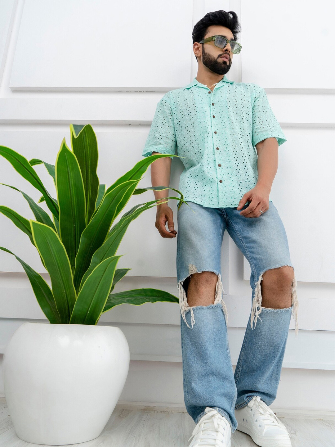 Firangi Yarn Relaxed Camp Collar Oversized Organic Cotton Lace Shirt