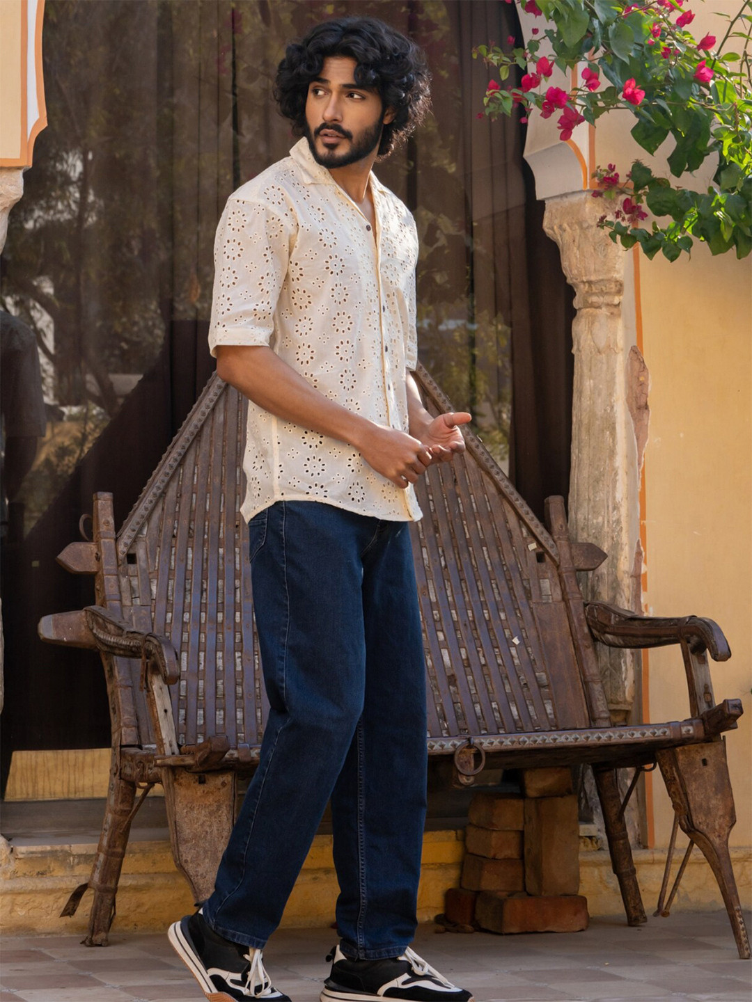 Firangi Yarn Relaxed Camp Collar Oversized Organic Cotton Lace Party Shirt