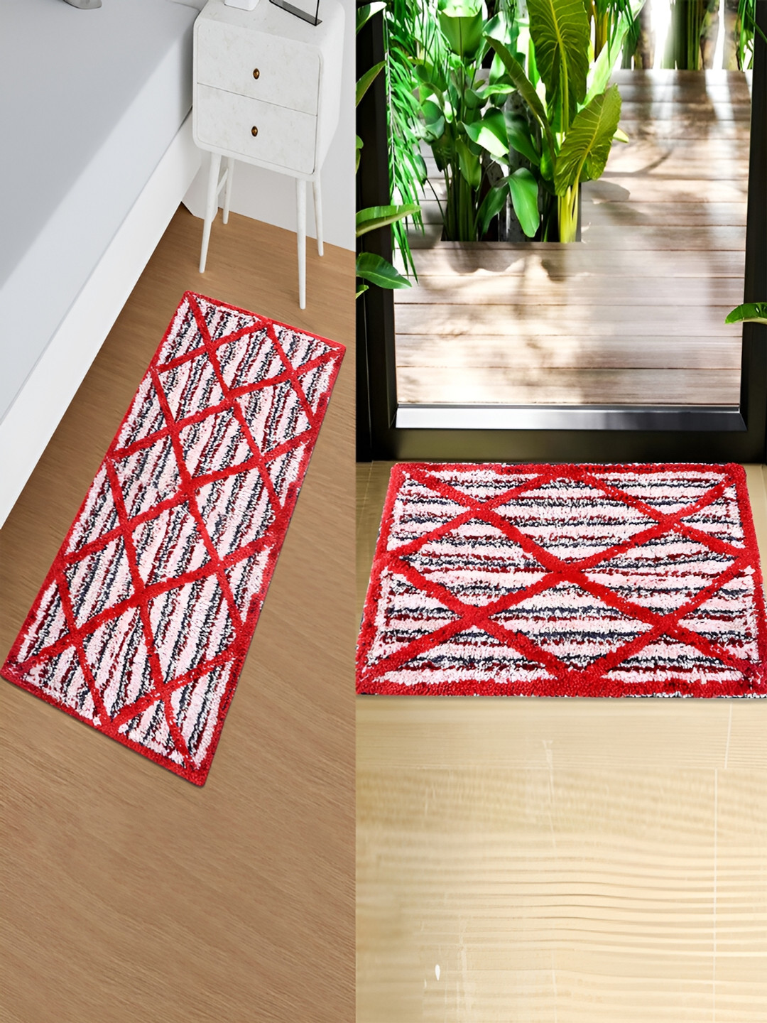 Kuber Industries Set of 2 Red Katli Mingle Anti-Slip Runner & Doormat