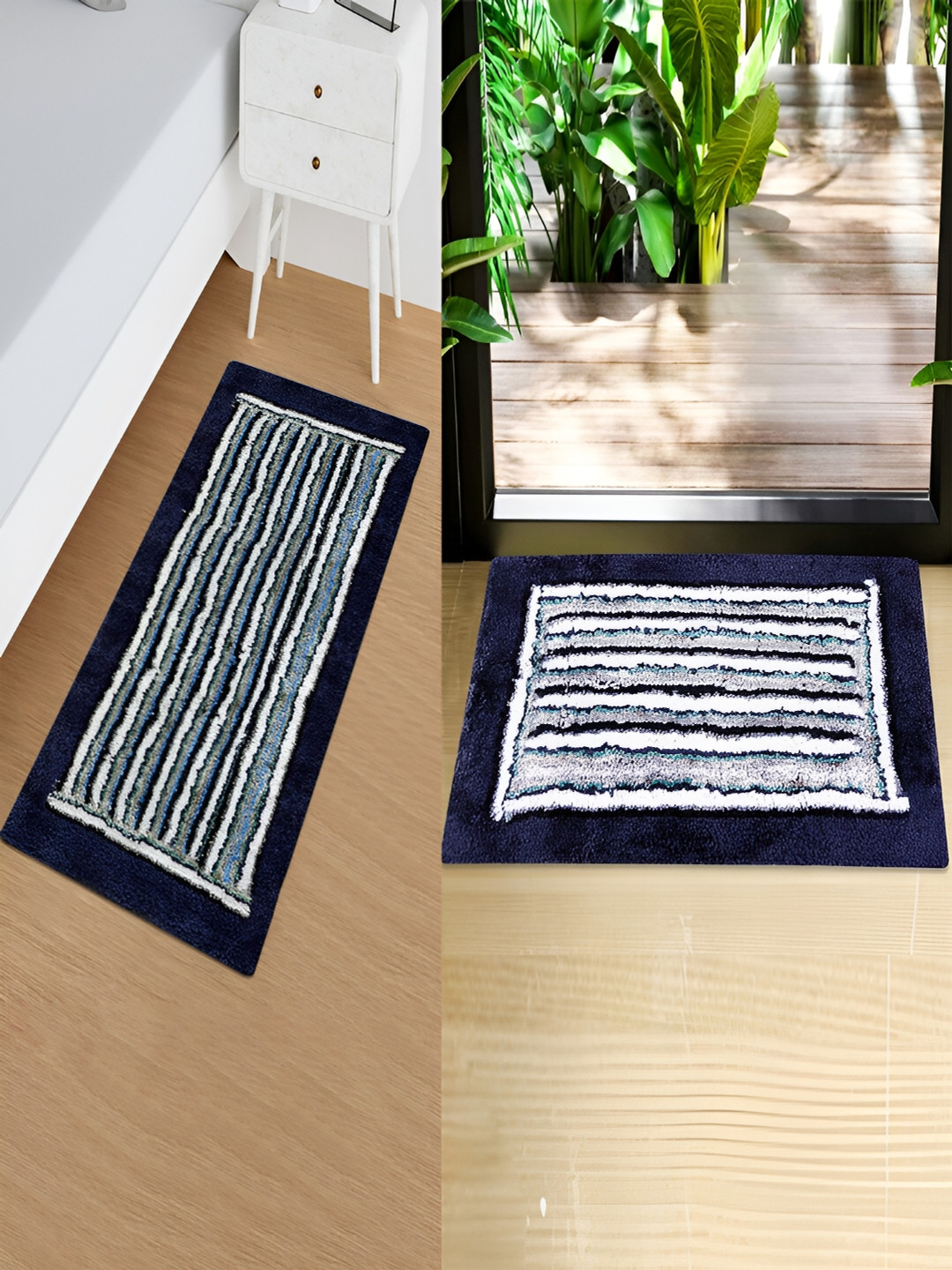 Kuber Industries Set of 2 Blue Striped Anti-Slip Runner & Doormats
