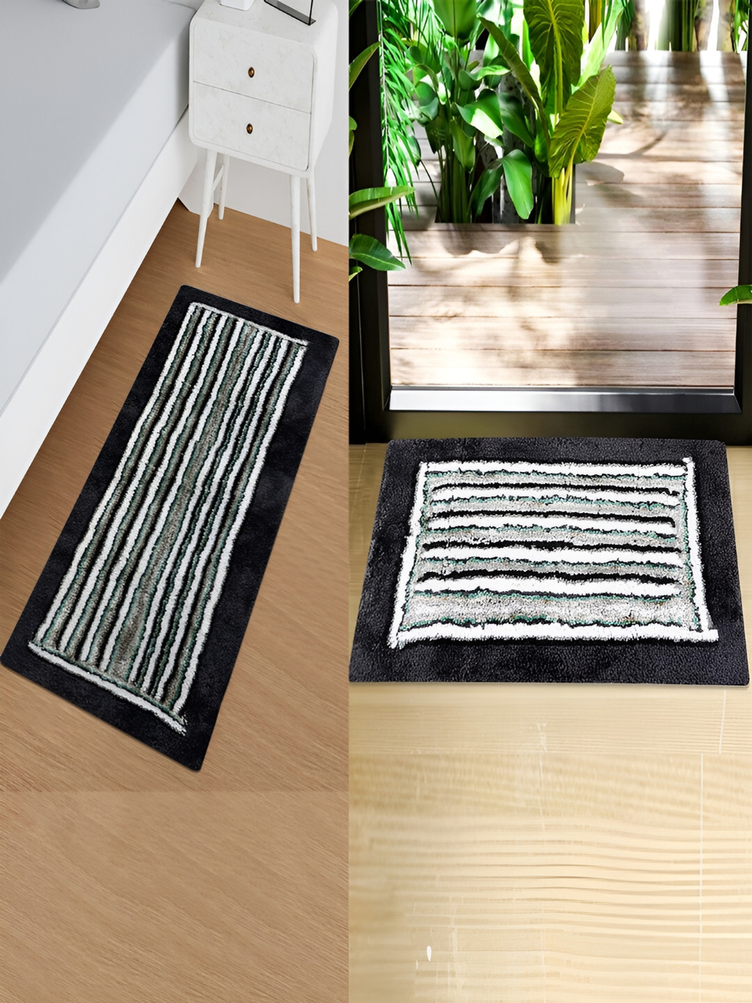 Kuber Industries Set of 2 Grey Striped Anti-Runner & Doormats