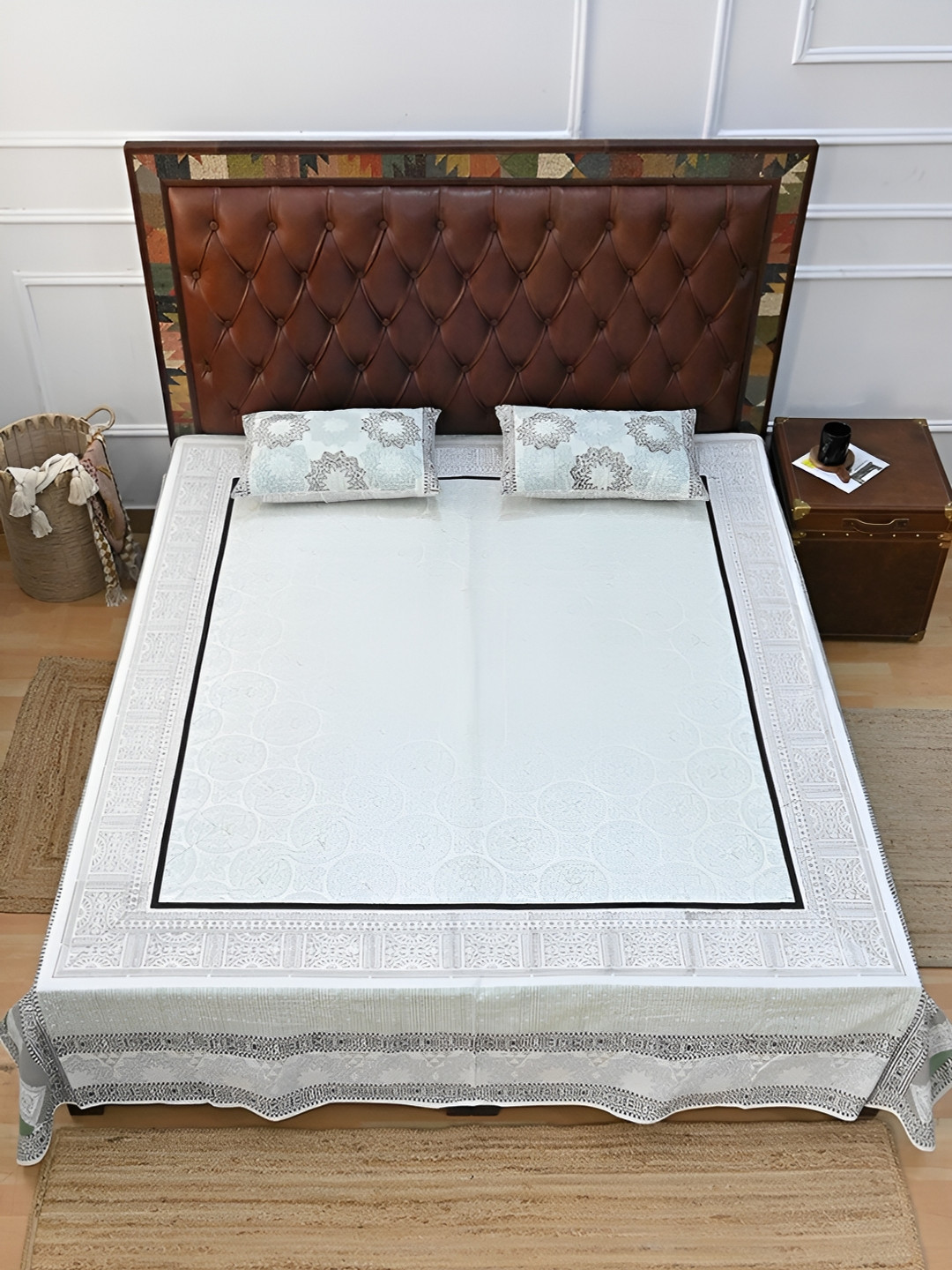 Art Avenue Luxurious Grey Floral Cotton 120 TC Queen Bedsheet with 2 Pillow Covers-90 x 100 inches