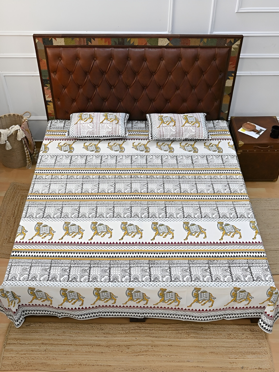 Art Avenue Traditional Camel White Ethnic Motifs Cotton 120 TC Queen Bedsheet with 2 Pillow Covers-108 x 108 inches