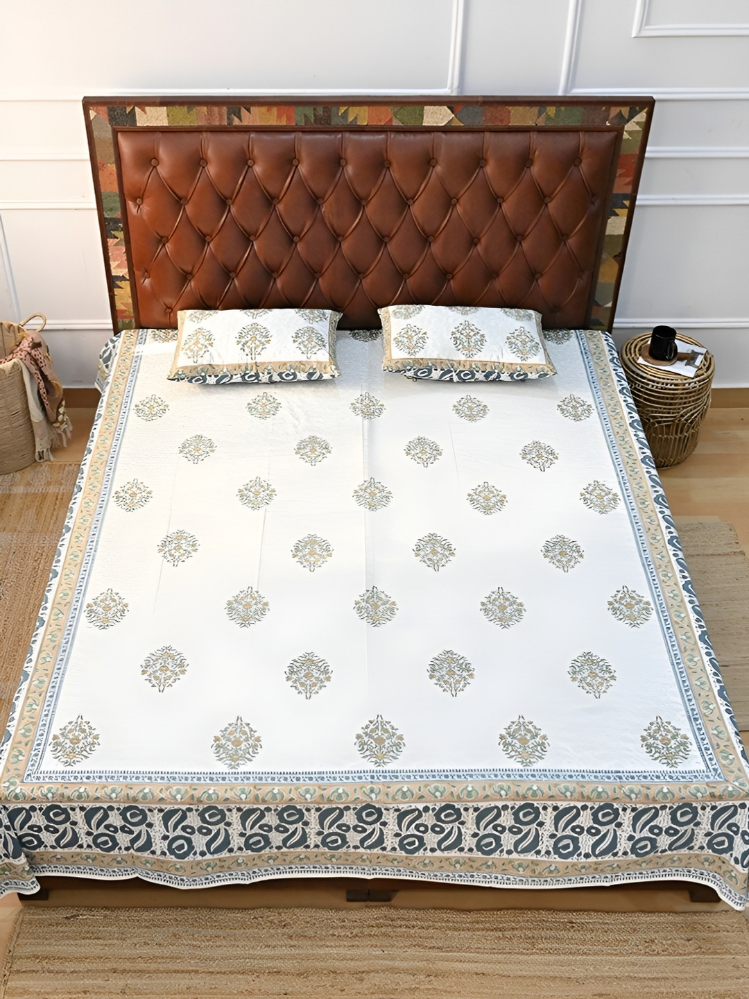 Art Avenue Blosoom White Ethnic Motifs Cotton 120 TC King Bedsheet with 2 Pillow Covers-100 x 108 inches