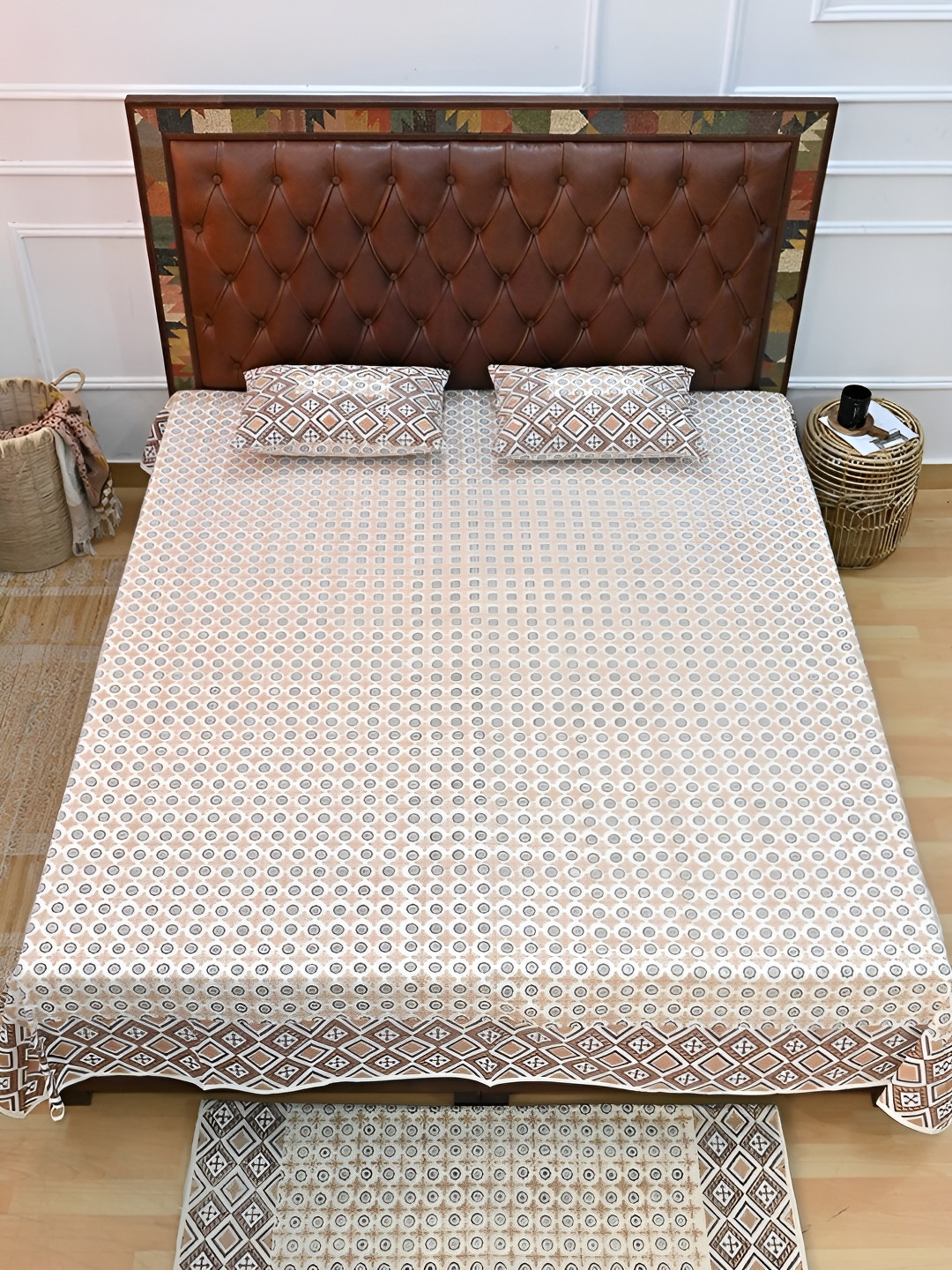 Art Avenue Tara Brown Geometric Cotton 120 TC Queen Bedsheet with 2 Pillow Covers-98 x 89 inches