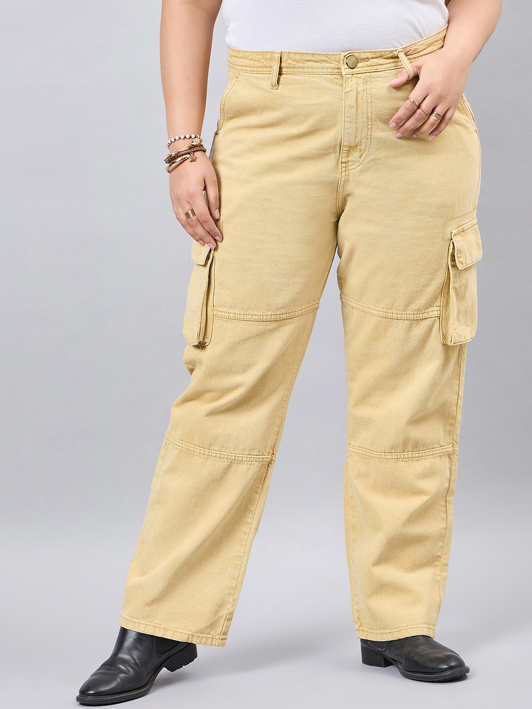 Style Quotient Women Plus Size Khaki Relaxed Fit High Rise Cargos