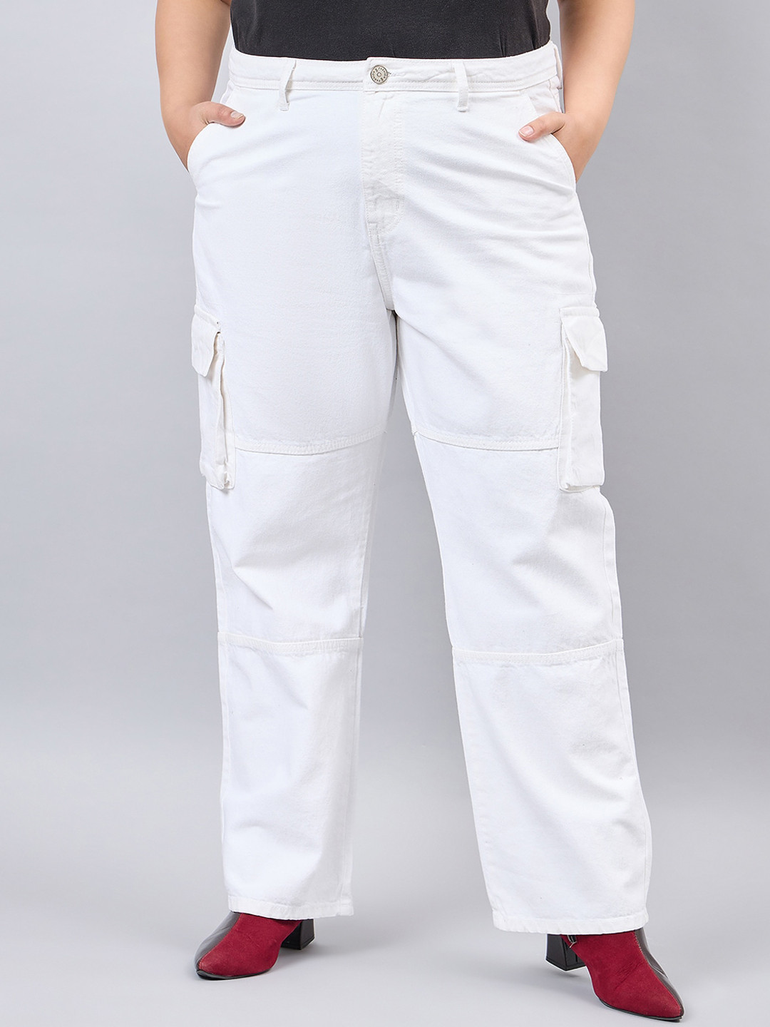 Style Quotient Women Plus Size White Relaxed Fit High Rise Cargos